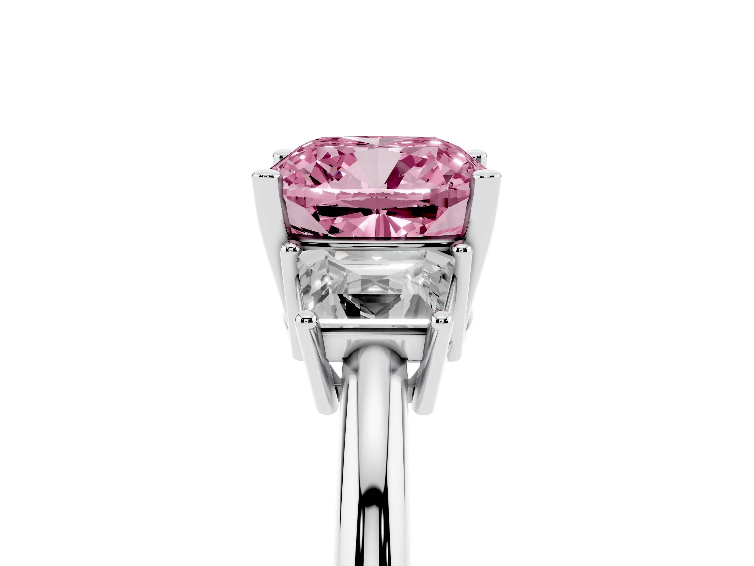 Fancy Pink Cushion Cut Diamond Three-Stone Ring Set in Silver with Trapezoid Side Stones and Prong Setting