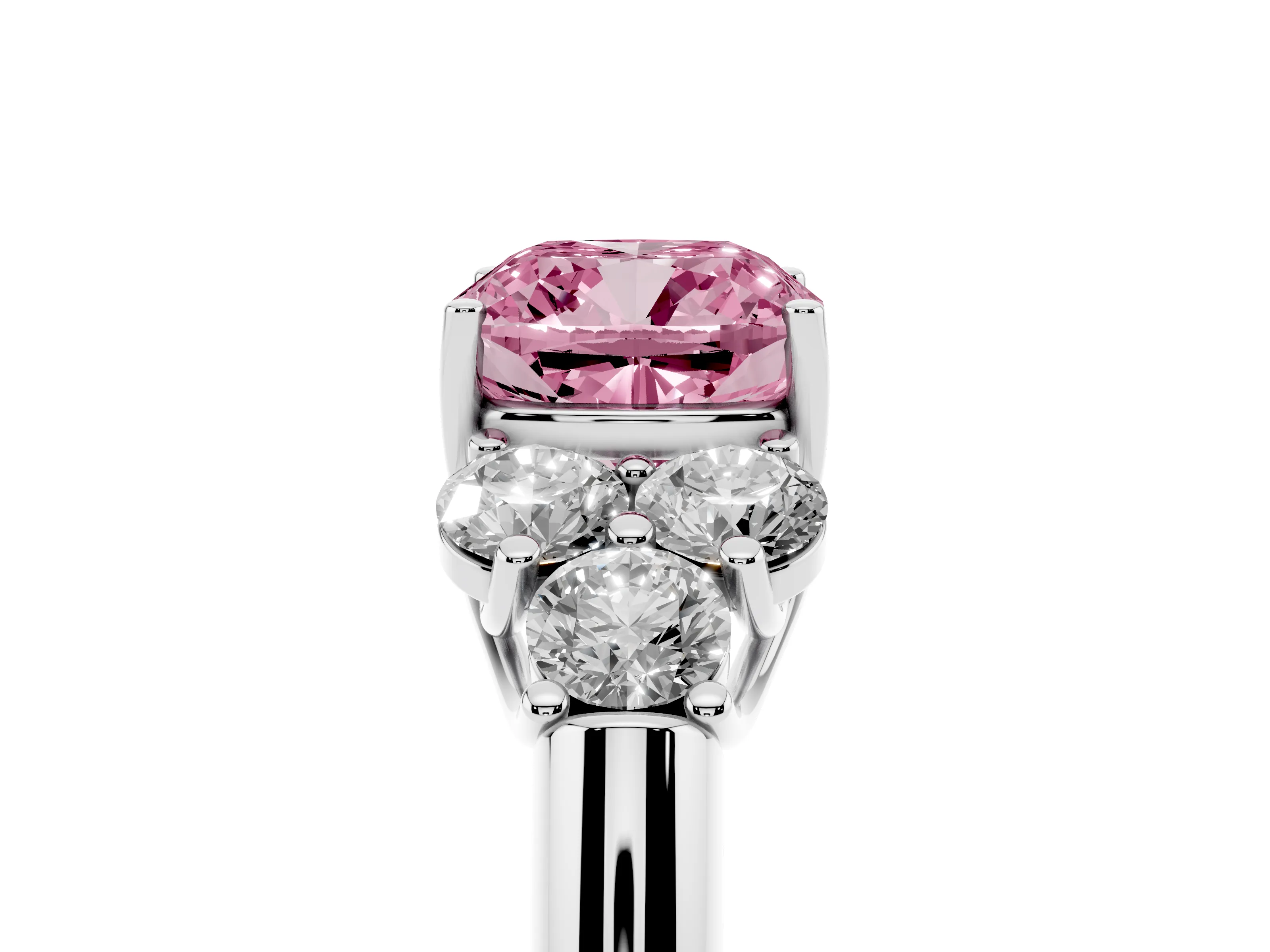 Fancy Pink Cushion Cut Diamond Cluster Ring Set in White gold with Round Accent Stones and Prong Setting on a Plain Band