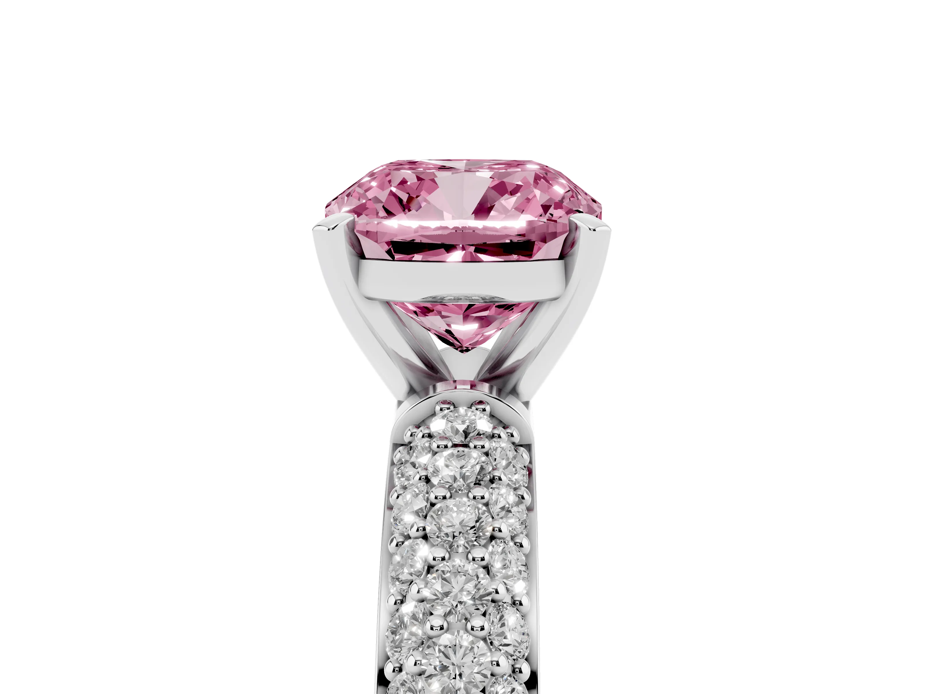 Fancy Pink Cushion Cut Diamond Solitaire Ring Set in Platinum with Prong Setting and Pavé-Set Band