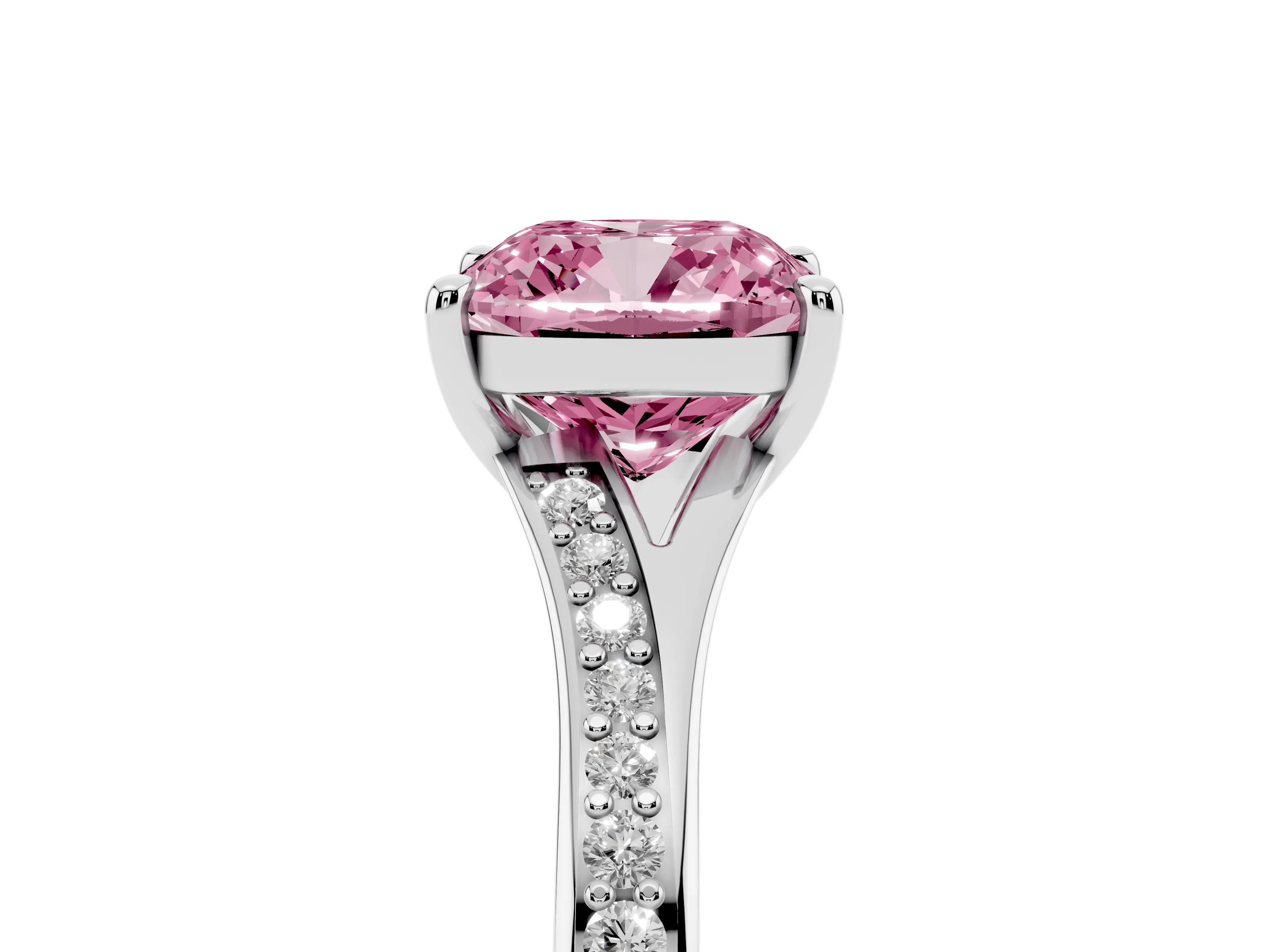 Fancy Pink Cushion Cut Diamond Solitaire Ring Set in Platinum with Pavé Accent Band and Classic Prong Setting
