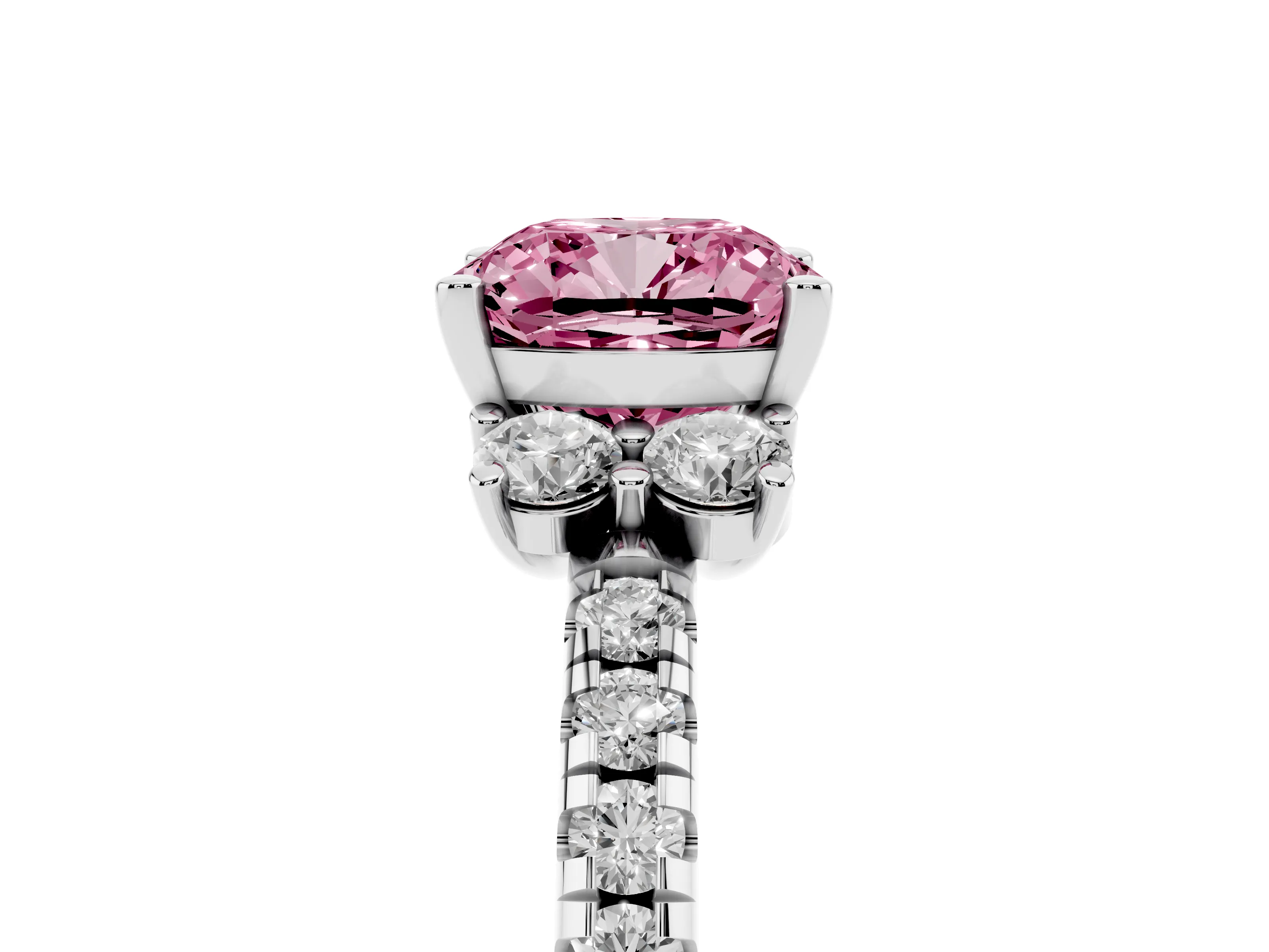 Fancy Pink Cushion Cut Diamond Three-Stone Pavé Ring Set in Silver with Prong Setting