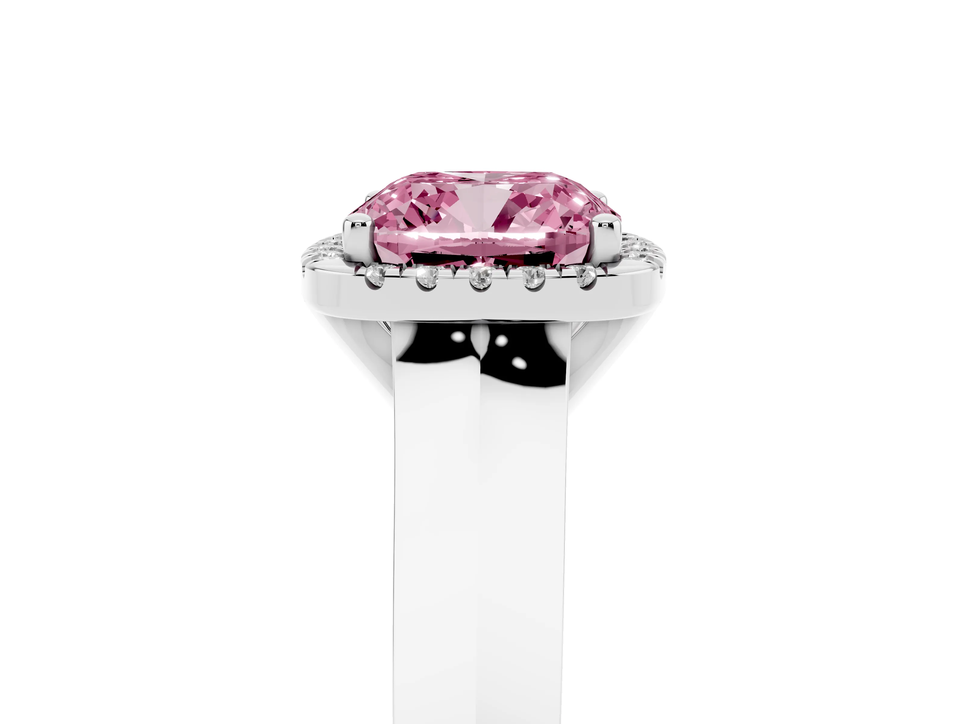 Fancy Pink Cushion Cut Diamond Halo Ring Set in Platinum with Cathedral Band and Prong Setting