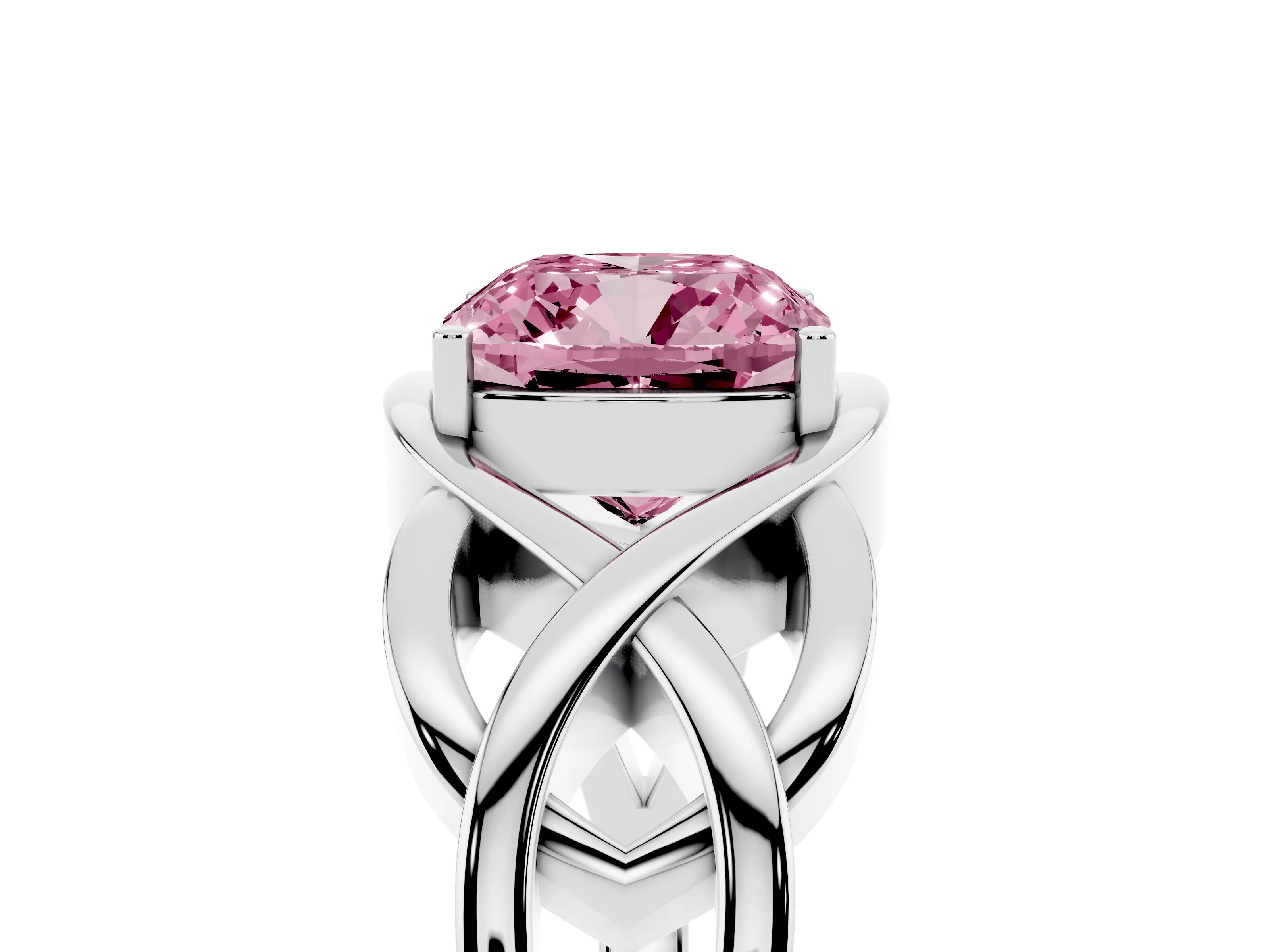 Fancy Pink Cushion Cut Diamond Solitaire Ring Set in Silver with Intertwined Band