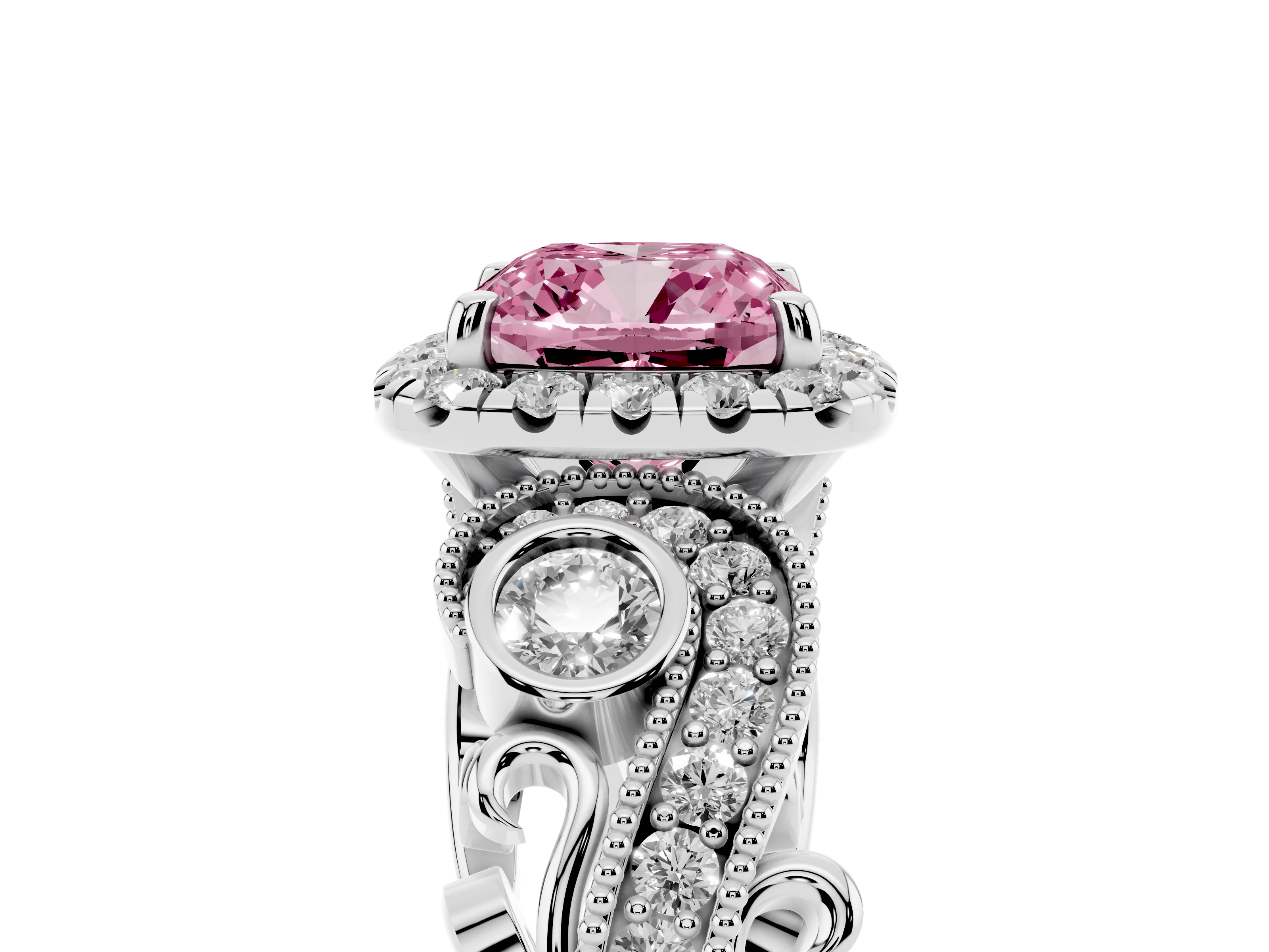 Fancy Pink Cushion Cut Diamond Halo Ring Set in Platinum with Milgrain Pavé Band and Prong Setting
