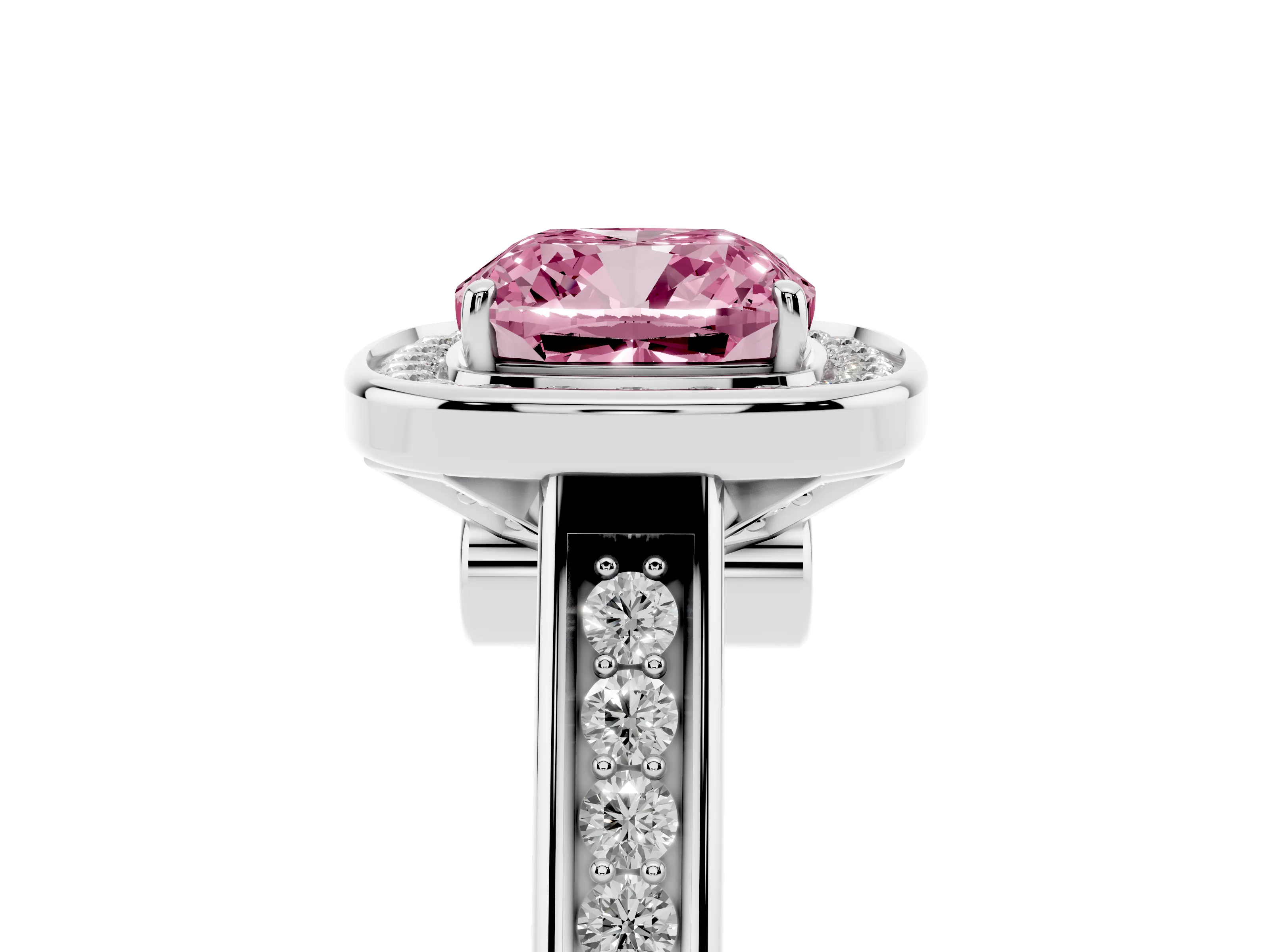 Fancy Pink Cushion Cut Diamond Halo Solitaire Ring Set in Platinum with Pavé Band and Bezel Setting