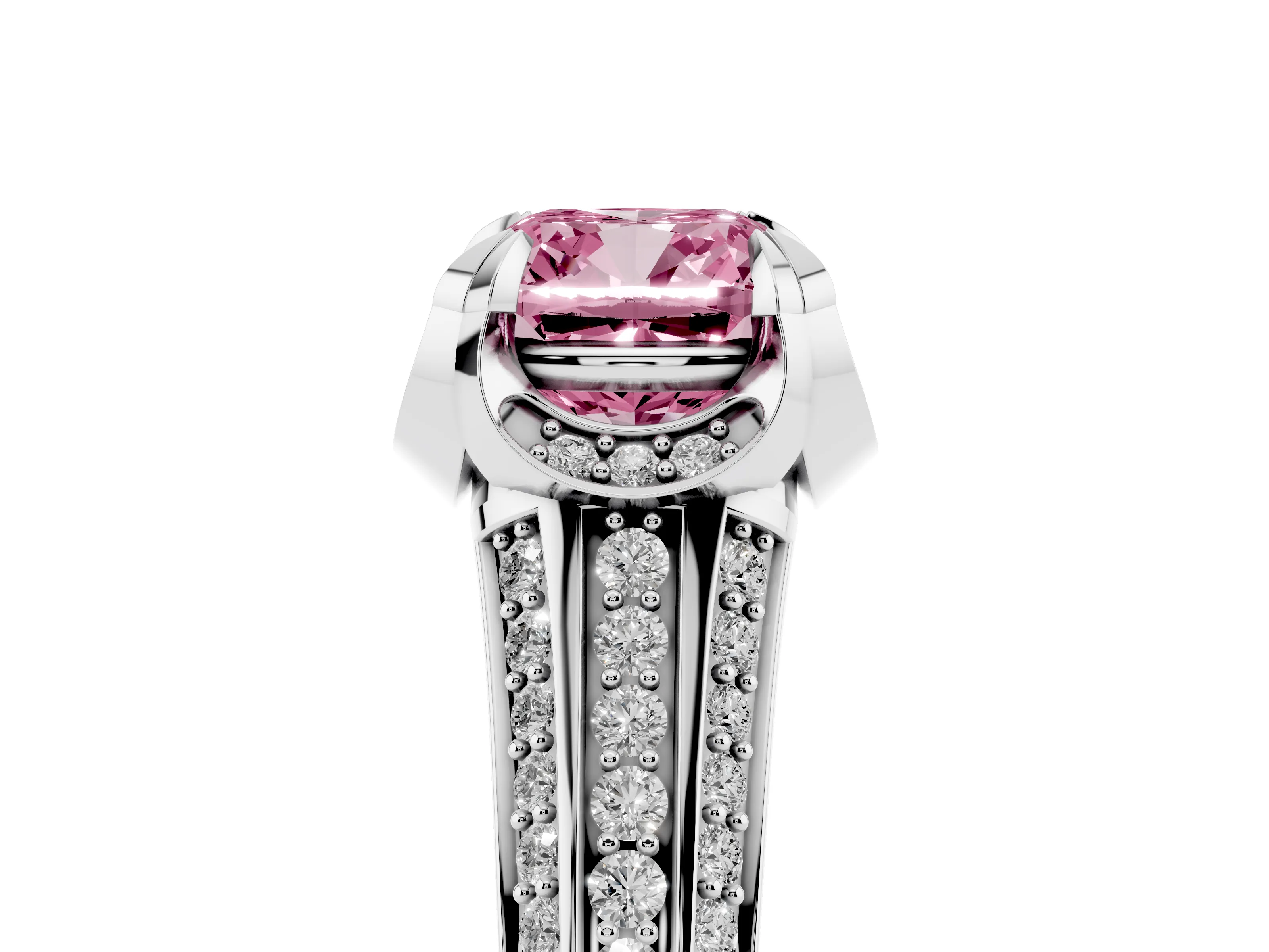Fancy Pink Cushion Cut Diamond Pavé Split Shank Solitaire Ring Set in Platinum with Prong Setting