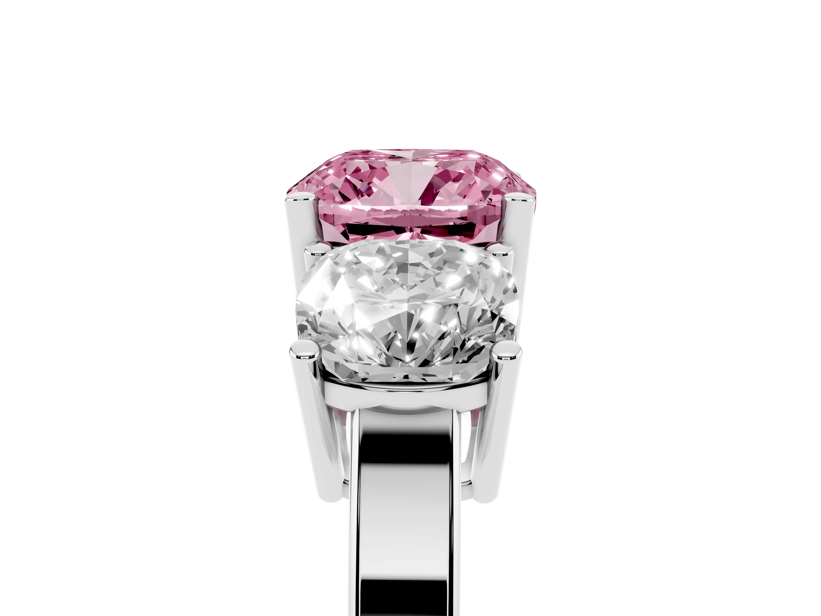 Fancy Pink Cushion Cut Diamond Three-Stone Engagement Ring Set in Silver with Flat Band