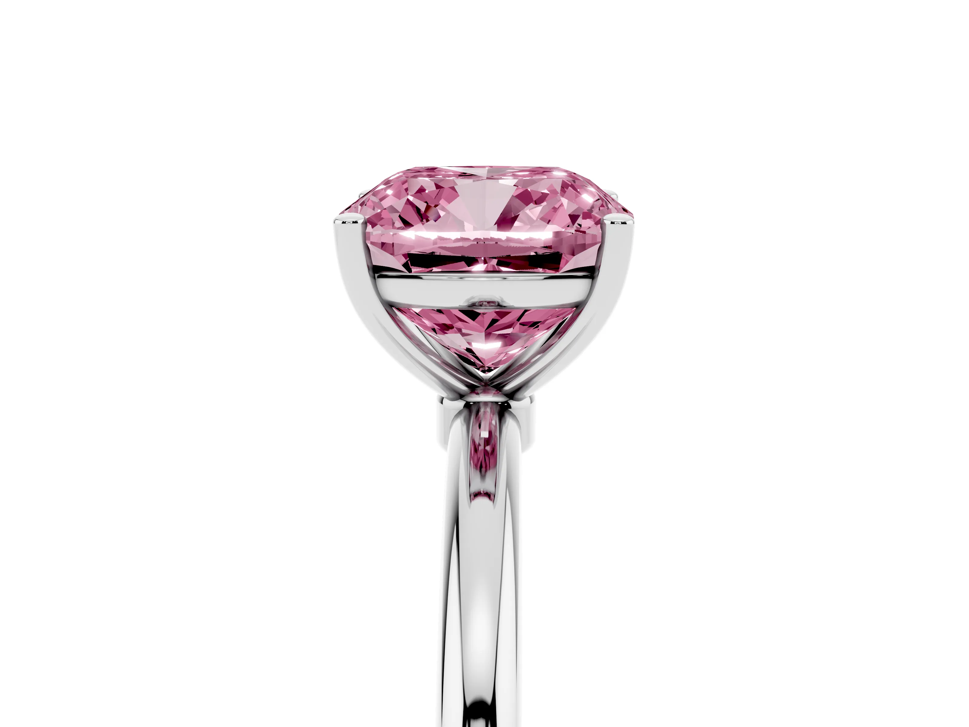 Fancy Pink Cushion Cut Diamond Solitaire Engagement Ring Set in White gold with Thin Band and Prong Setting