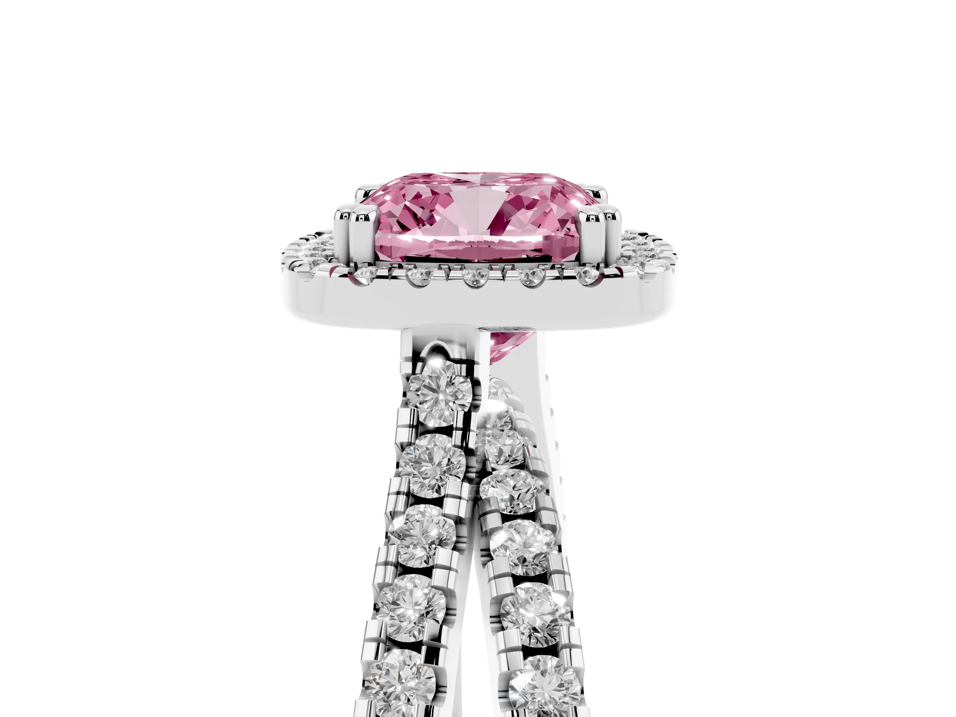 Fancy Pink Cushion Cut Diamond Halo Split Shank Ring Set in Silver with Pavé Setting