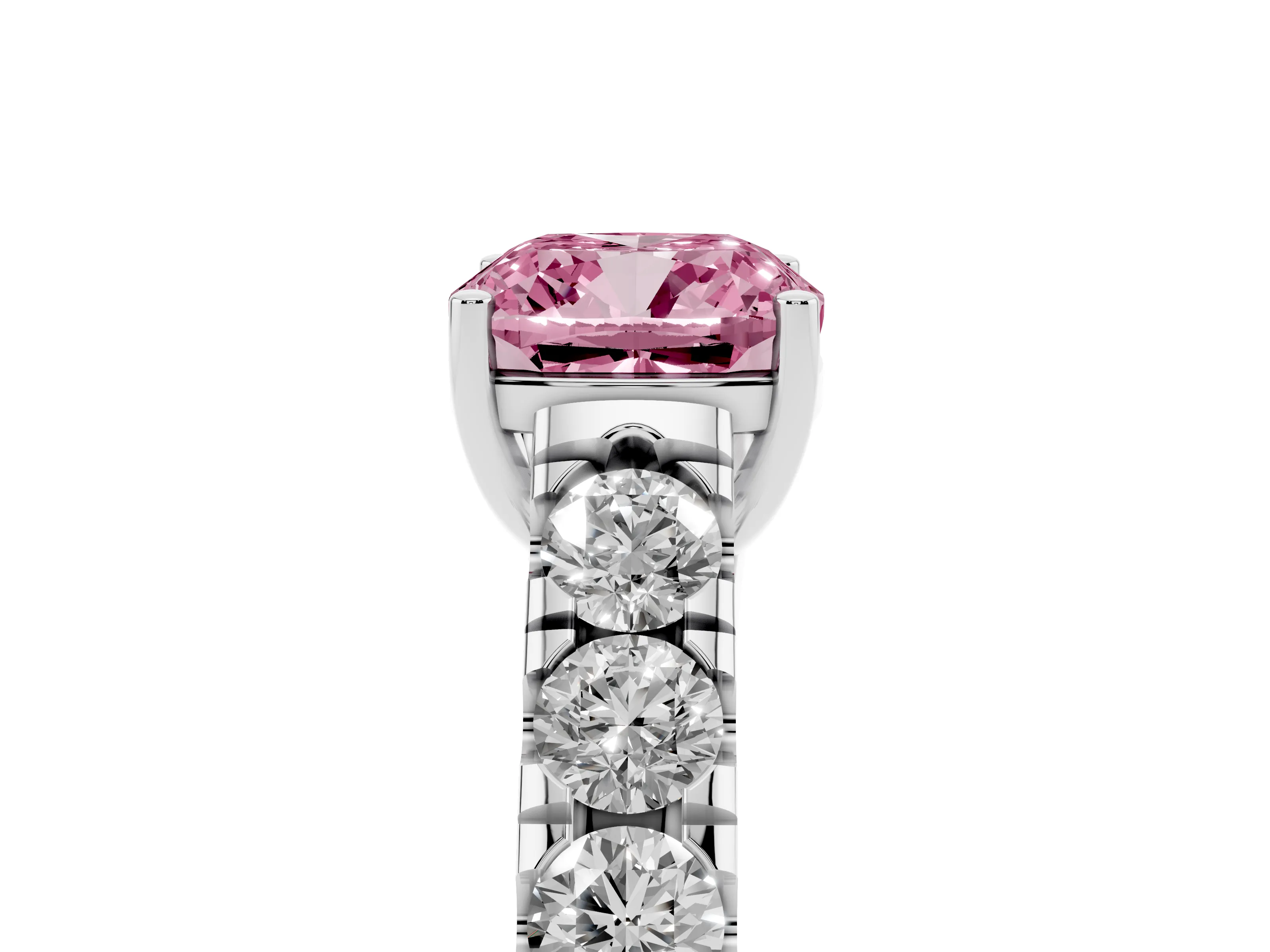 Fancy Pink Cushion Cut Diamond Solitaire Ring Set in Platinum with Cut-Down Micro Pavé Band and Prong Setting