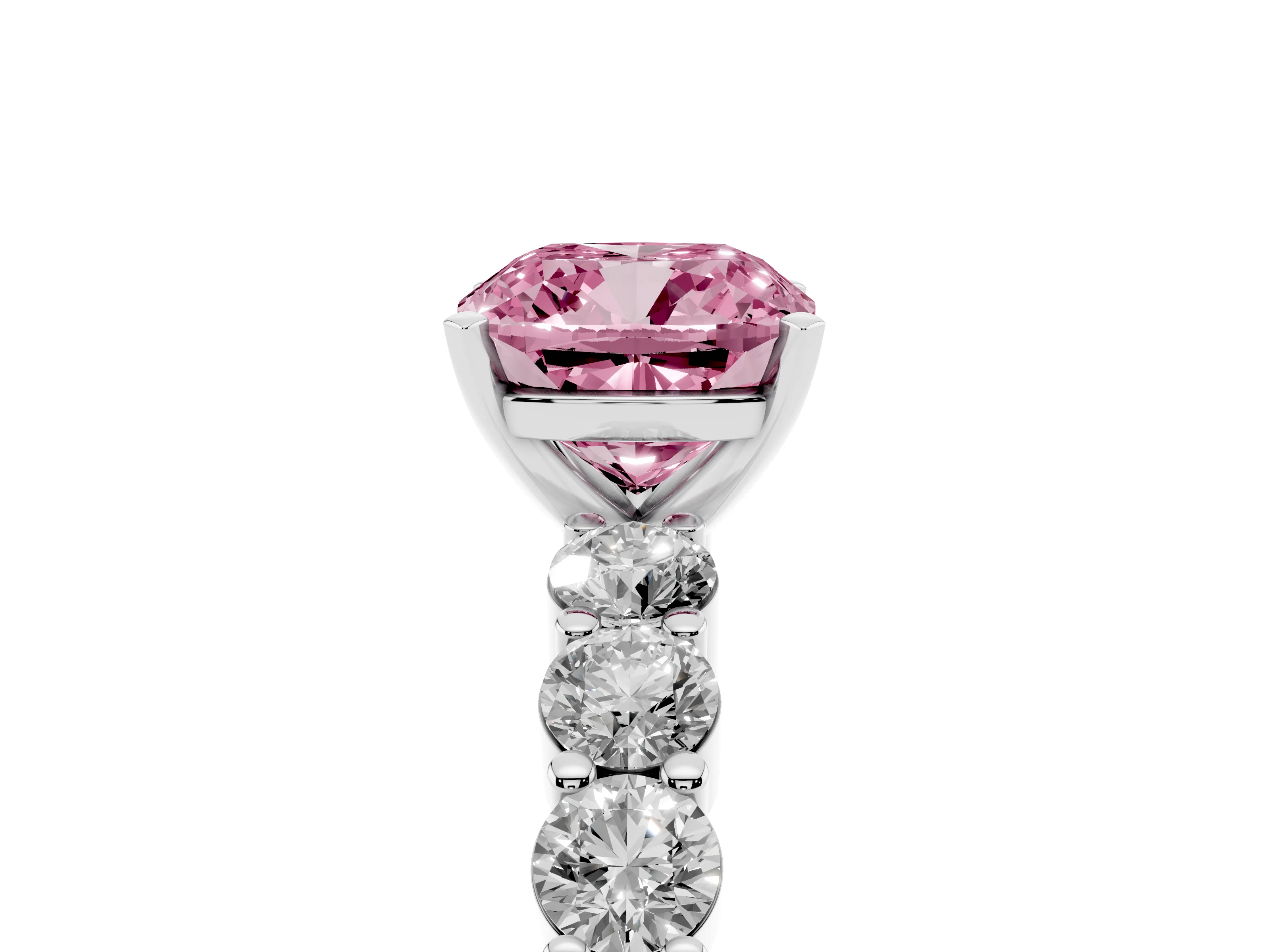 Fancy Pink Cushion Cut Diamond Solitaire Ring Set in Silver with Shared Prong Round Side Stones