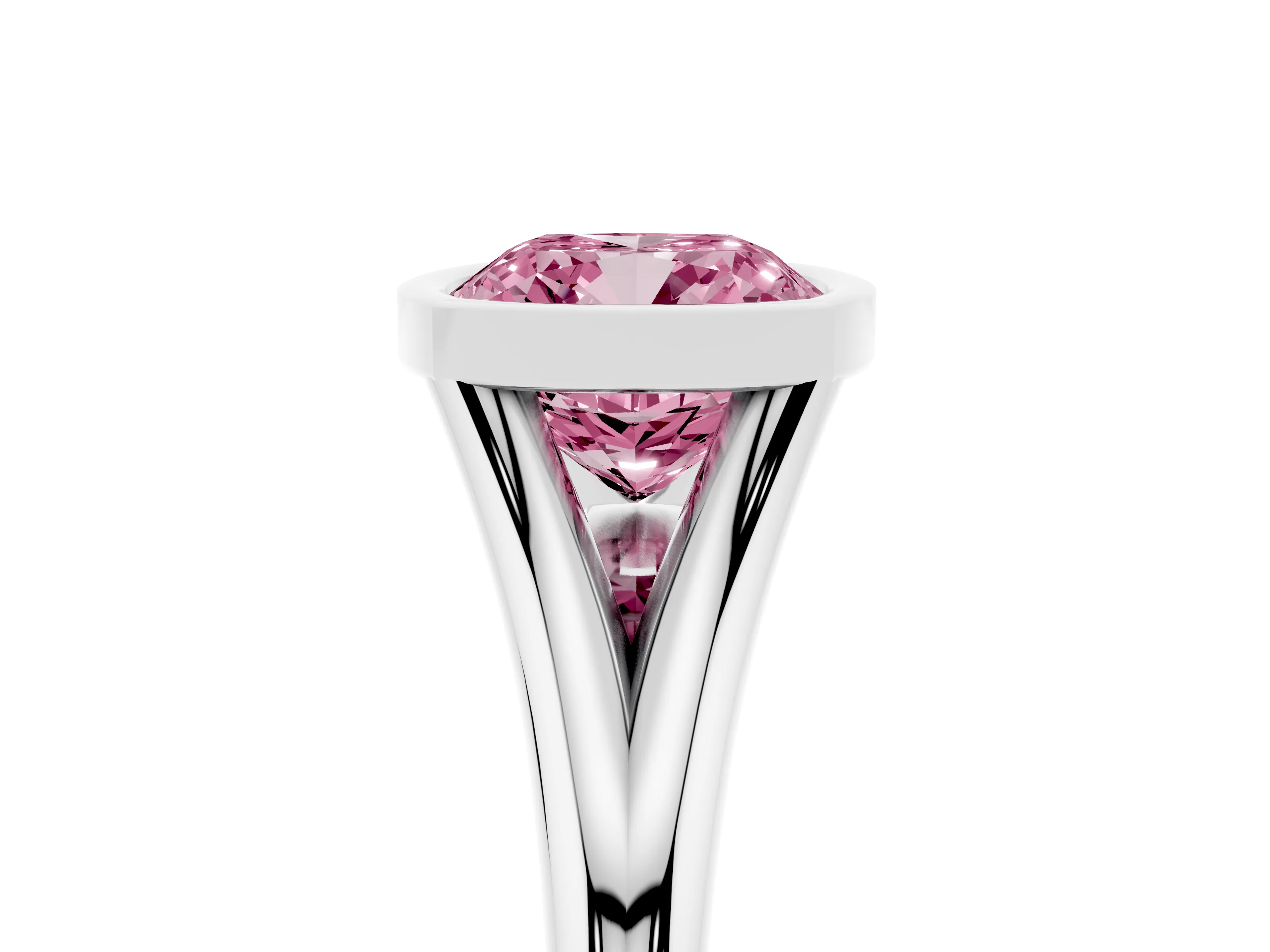 Fancy Pink Bezel Set Cushion Cut Diamond Solitaire Ring Set in Silver with Tapered Band
