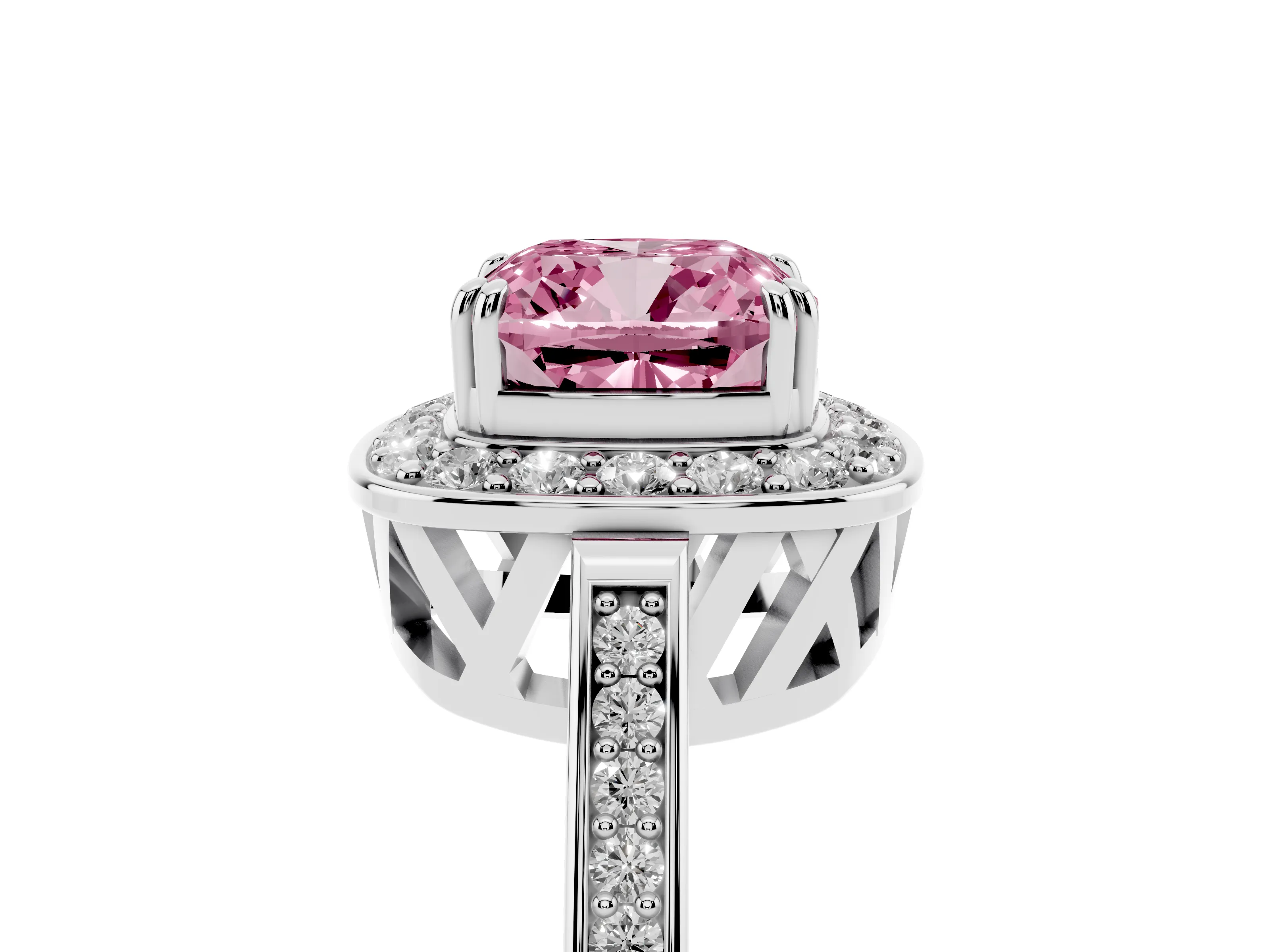 Fancy Pink Cushion Cut Diamond Halo Ring Set in Platinum with Accent-Lined Split Shank and Prong Setting