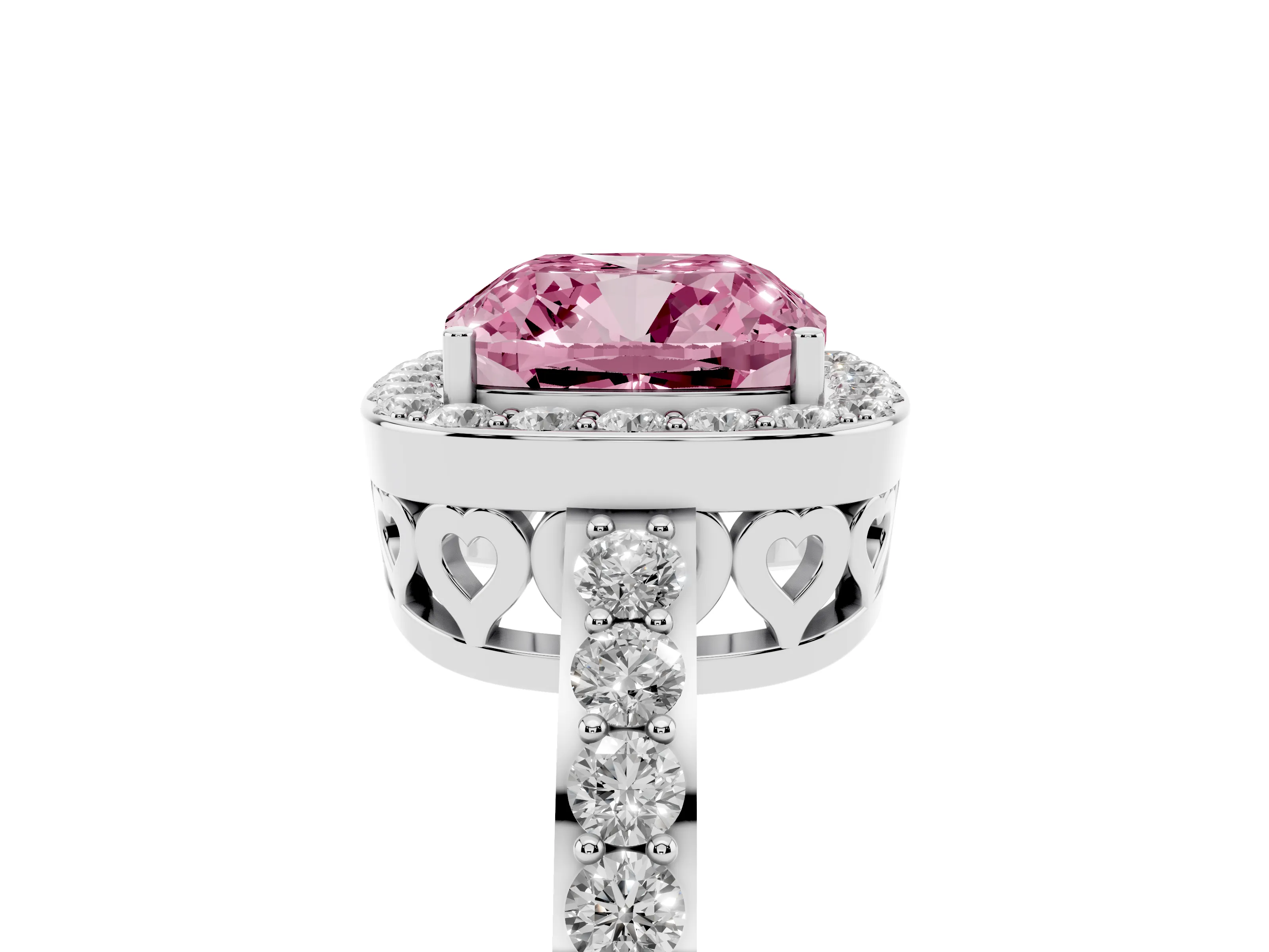 Fancy Pink Cushion Cut Diamond Halo Ring Set in White gold with Pavé-Setting Band and Open Prong Center