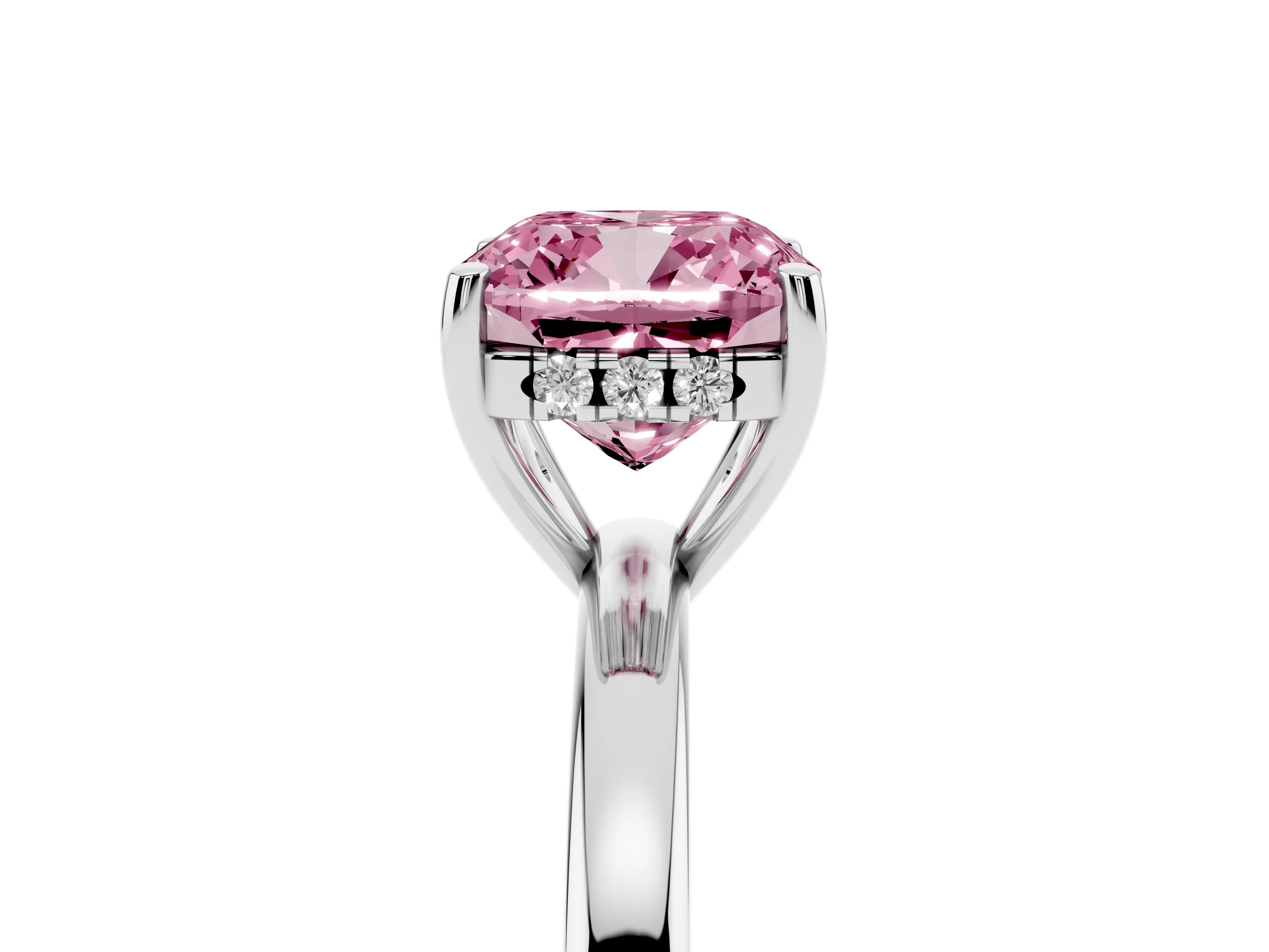 Fancy Pink Cushion Cut Diamond Solitaire Ring Set in Silver with Plain Band and Prong Setting
