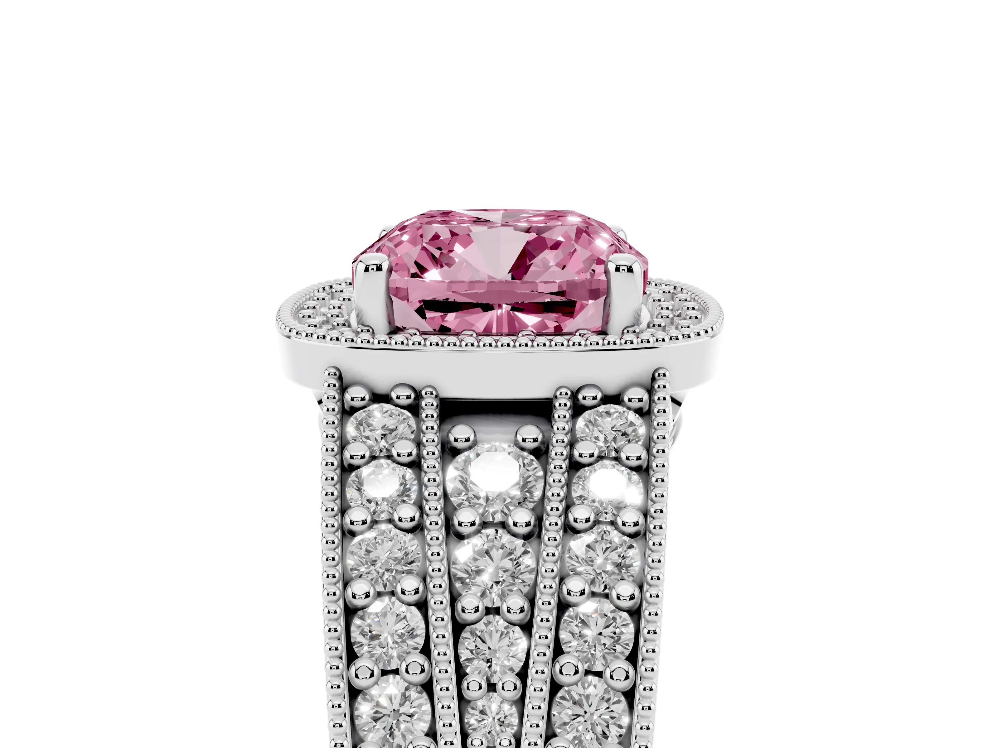 Fancy Pink Cushion Cut Diamond Halo Ring Set in Silver with Accent Split Shank and Prong Setting