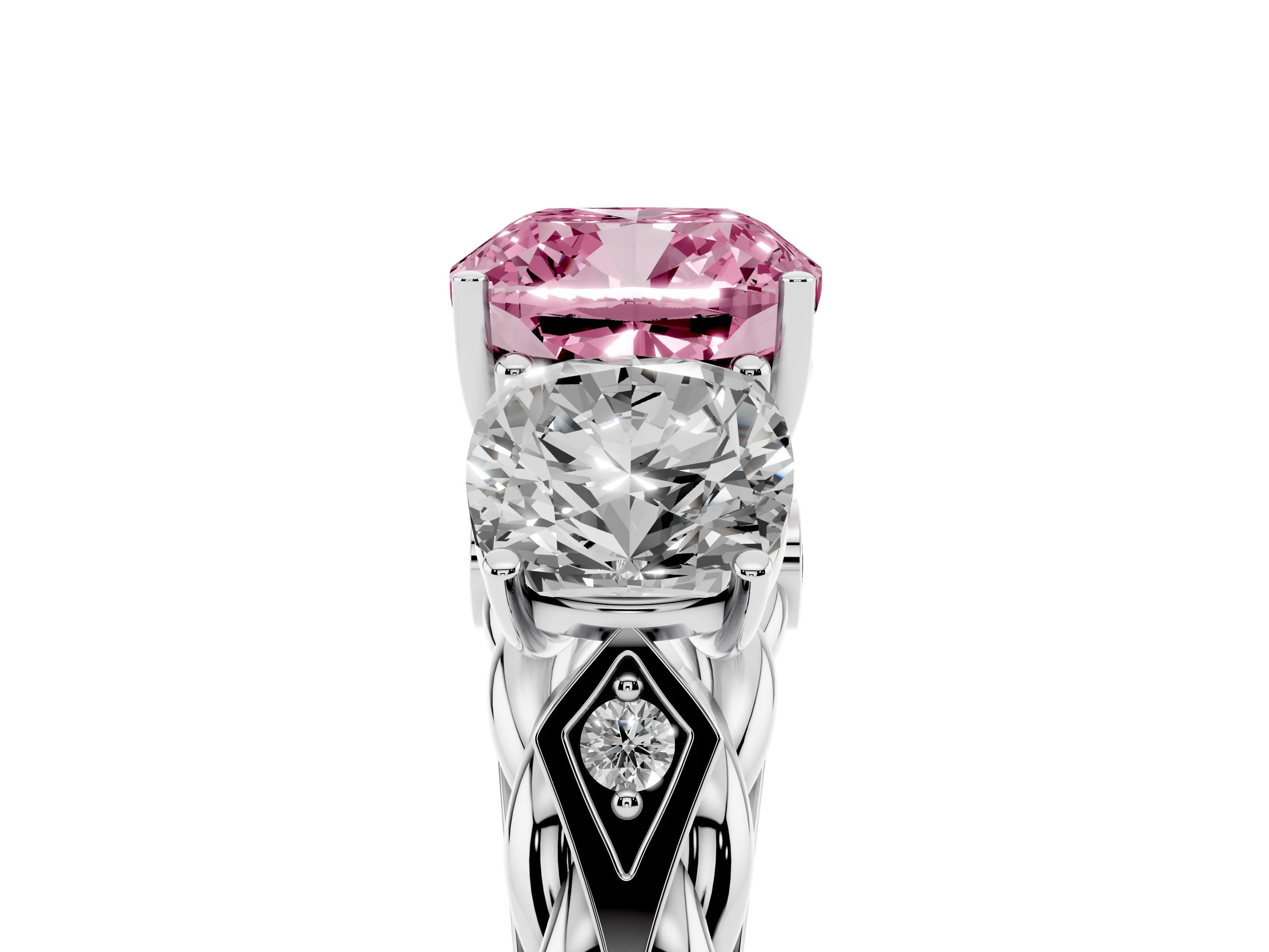 Fancy Pink Cushion Cut Diamond Three-Stone Ring Set in Platinum with Braided Band