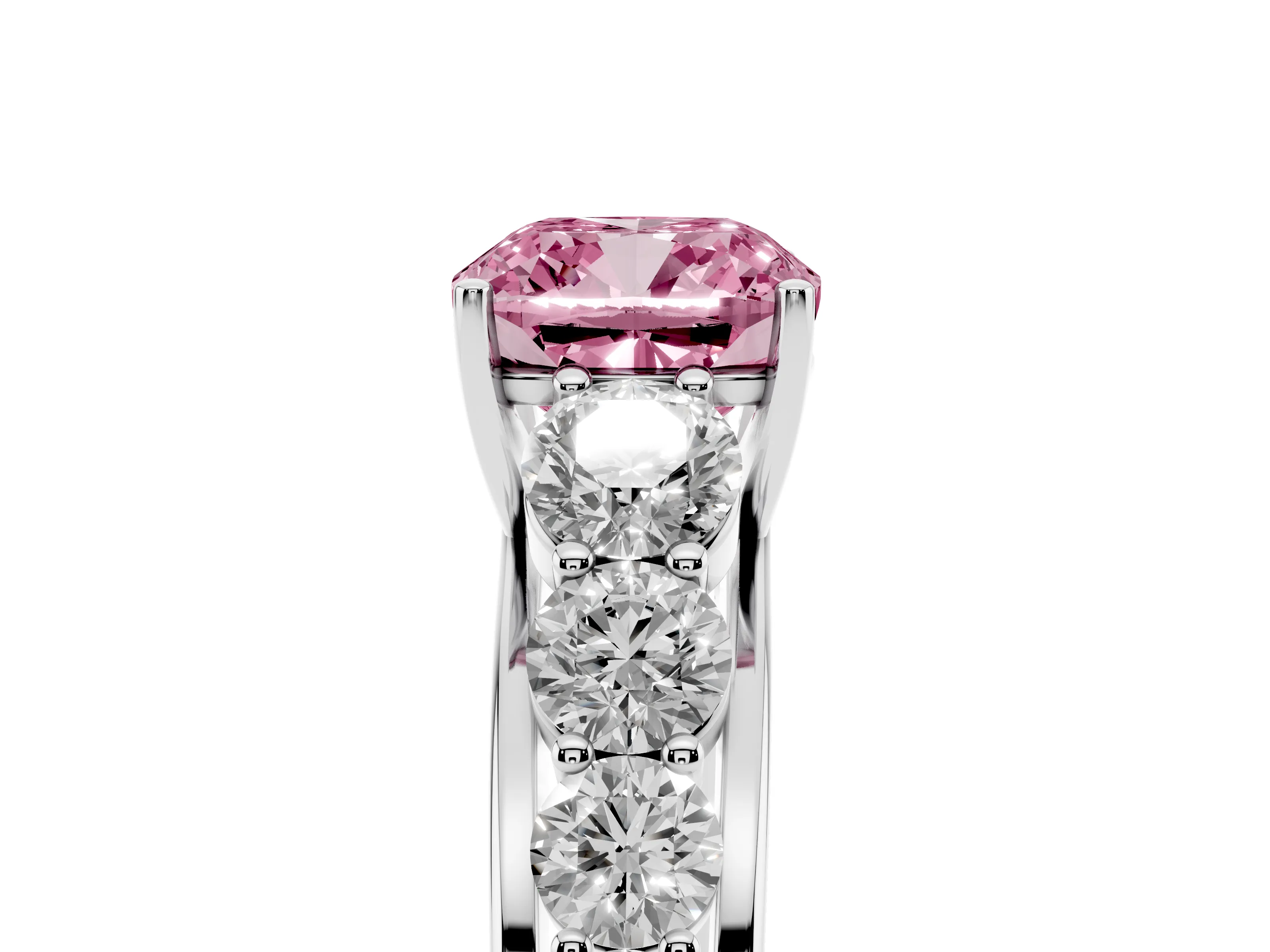 Fancy Pink Cushion Cut Diamond Solitaire Ring Set in Silver with Pavé-Set Band and Prong Setting