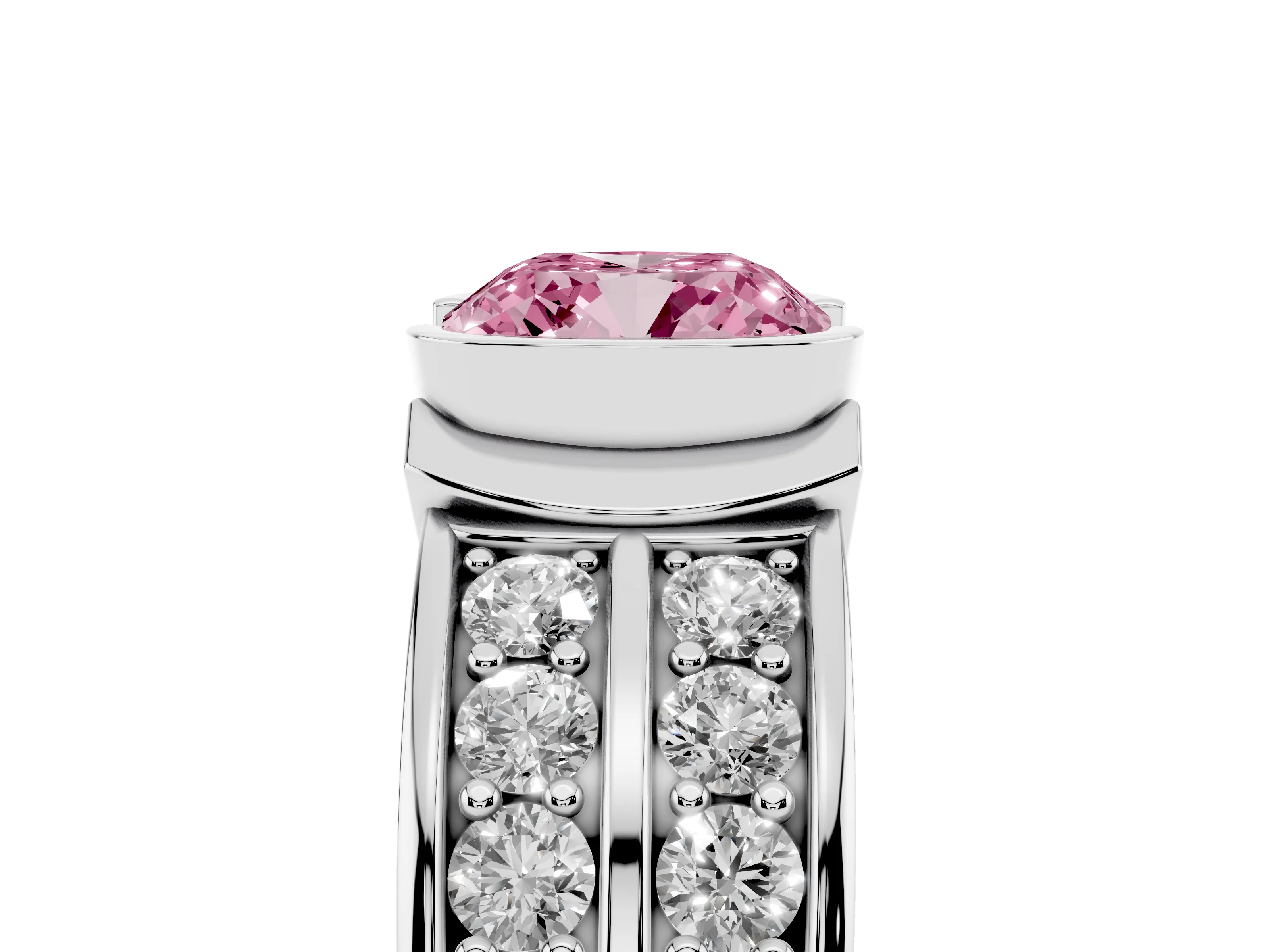 Fancy Pink Cushion Cut Diamond Wide Channel Set Band Ring Set in Silver with Bezel Setting