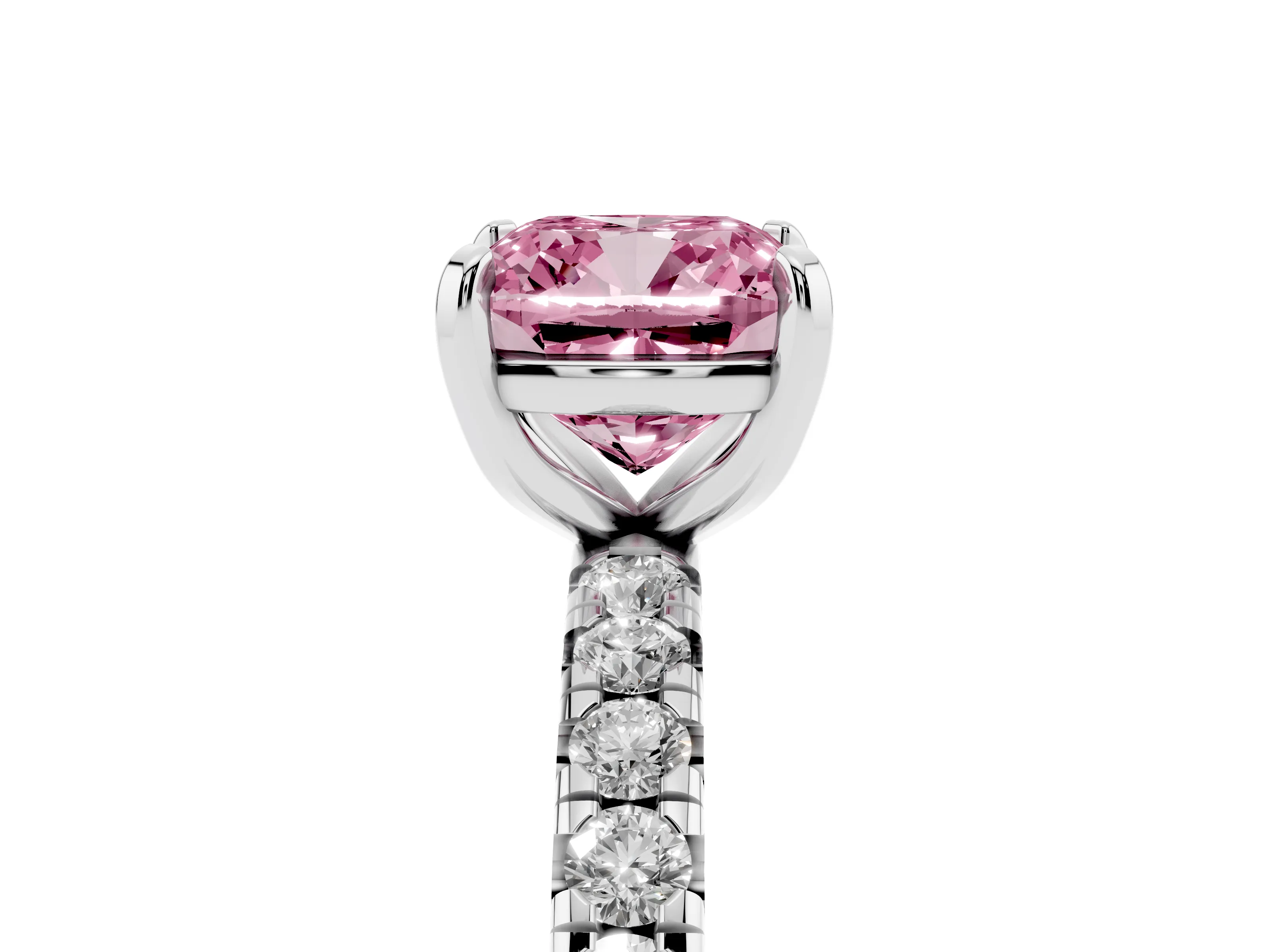 Fancy Pink Cushion Cut Diamond Pavé Solitaire Ring Set in Platinum with Round Band and Prong Setting