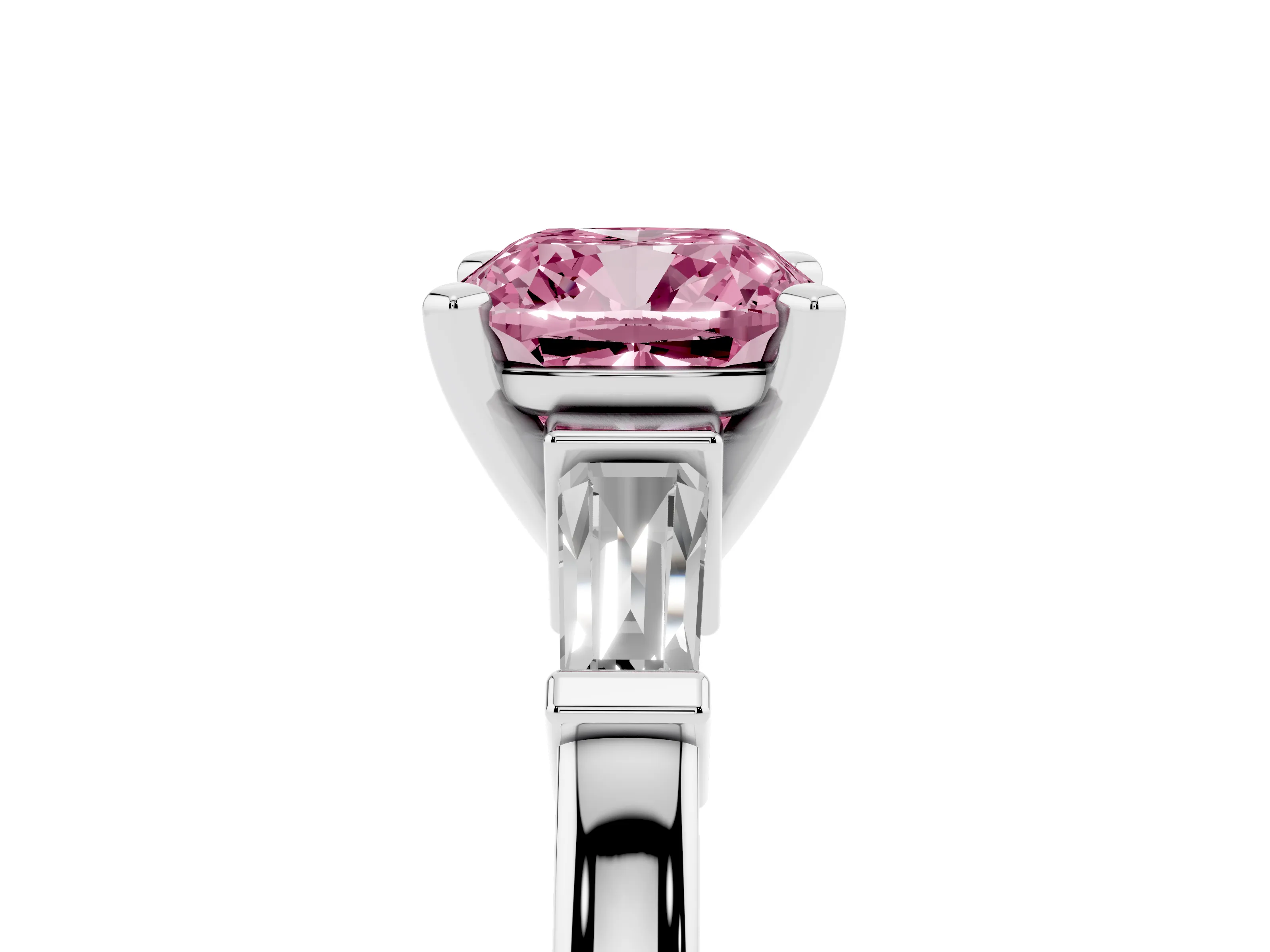 Fancy Pink Cushion Cut Diamond Solitaire Ring Set in Silver with Tapered Baguette Accents and Prong Setting