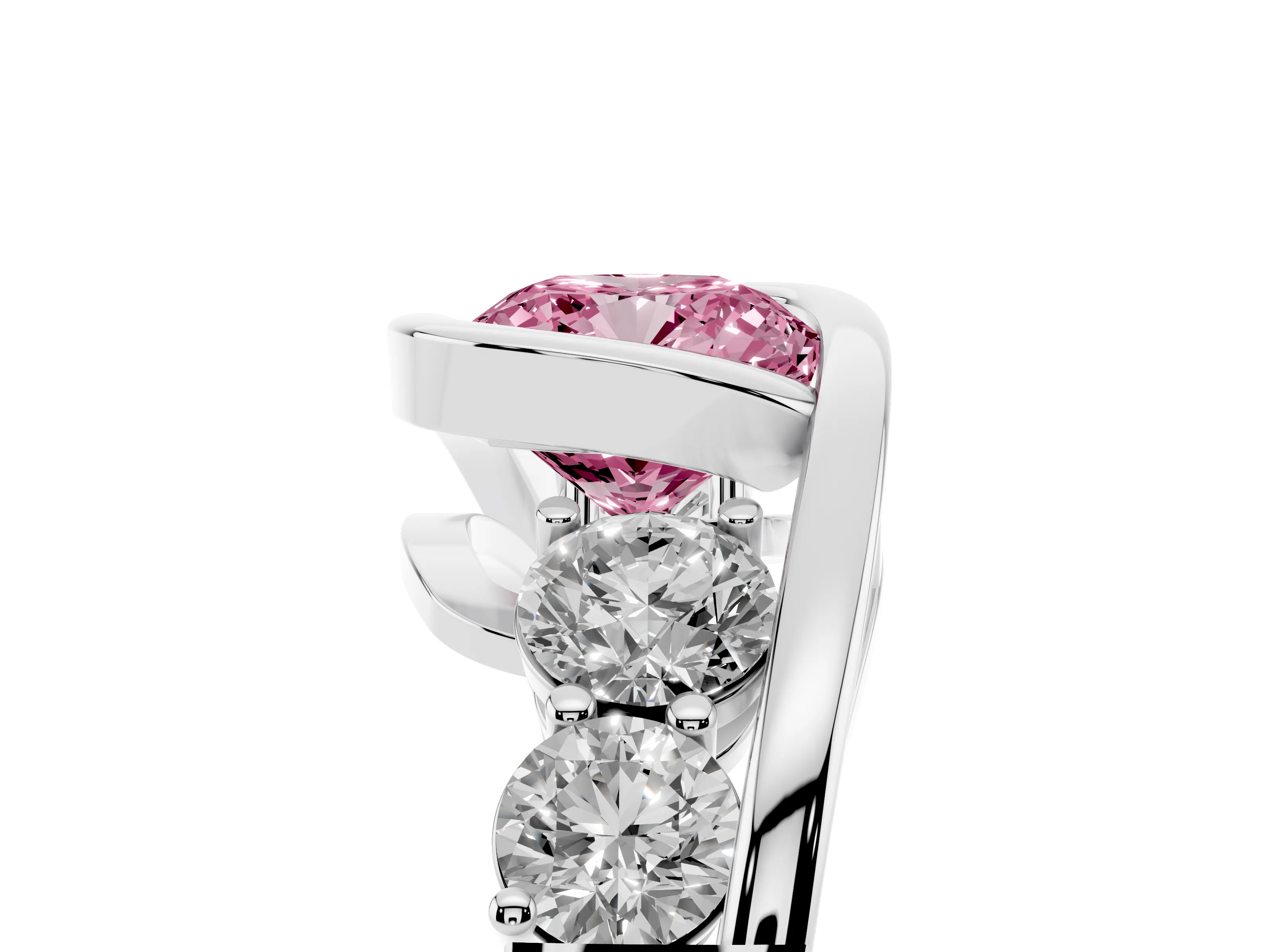 Fancy Pink Cushion Cut Diamond Bezel Bypass Ring Set in Silver with Round Accents