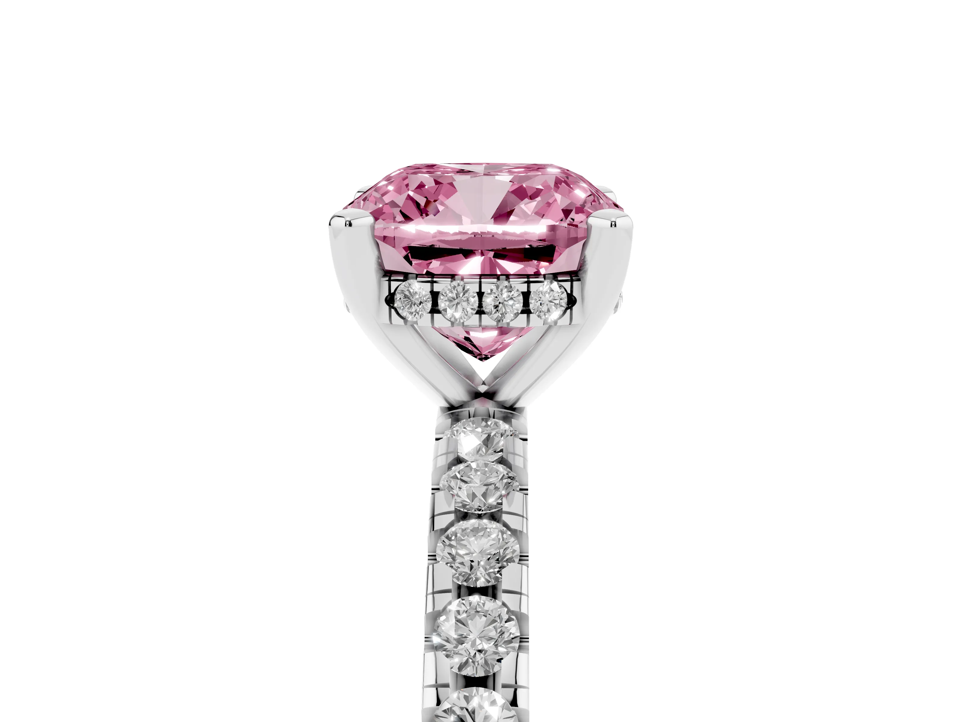 Fancy Pink Cushion Cut Diamond Pavé Solitaire Ring Set in White gold with Round Band Accents and Prong Setting