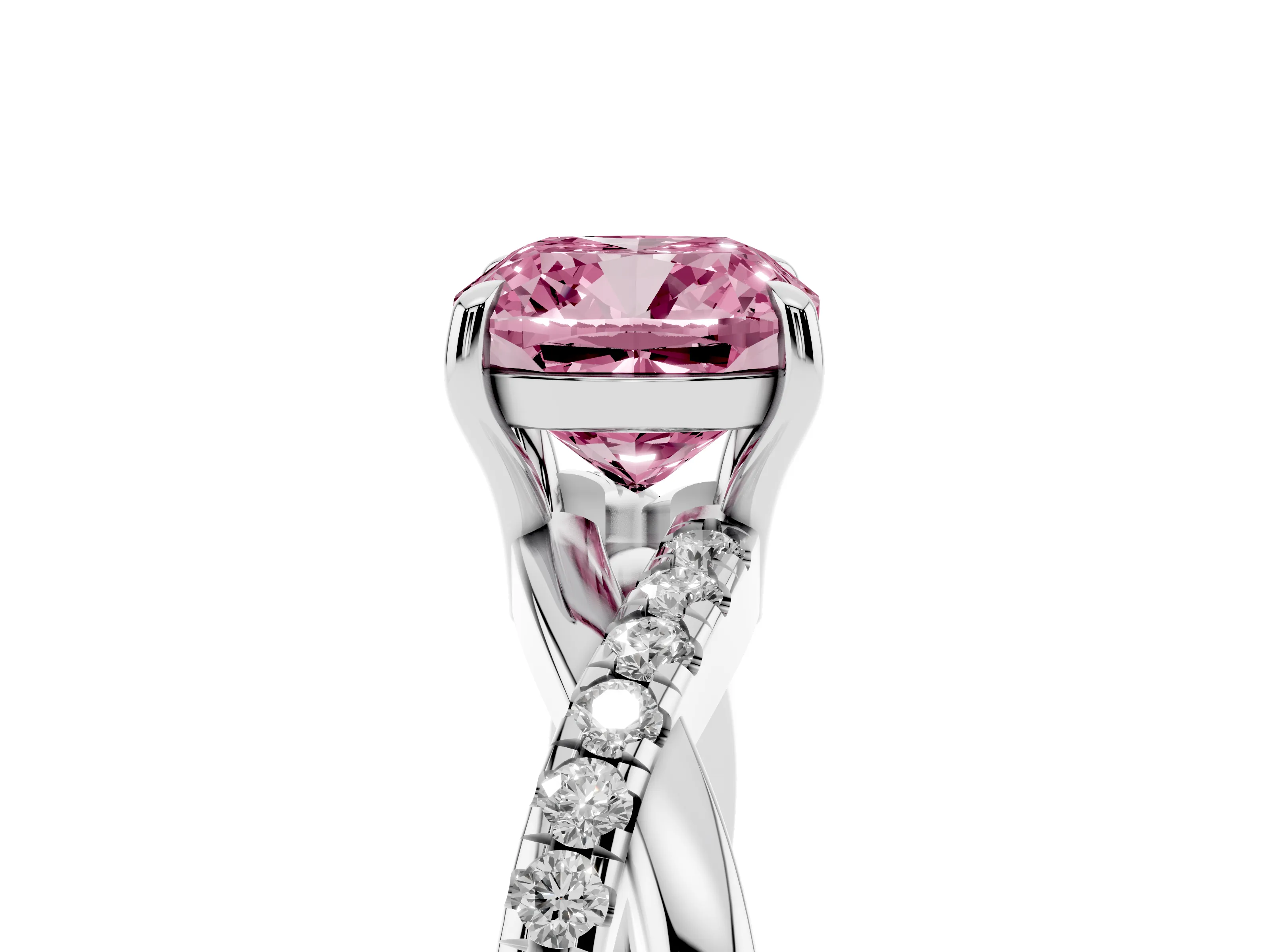 Fancy Pink Cushion Cut Diamond Twisted Pavé Band Ring Set in Platinum with Prong Setting