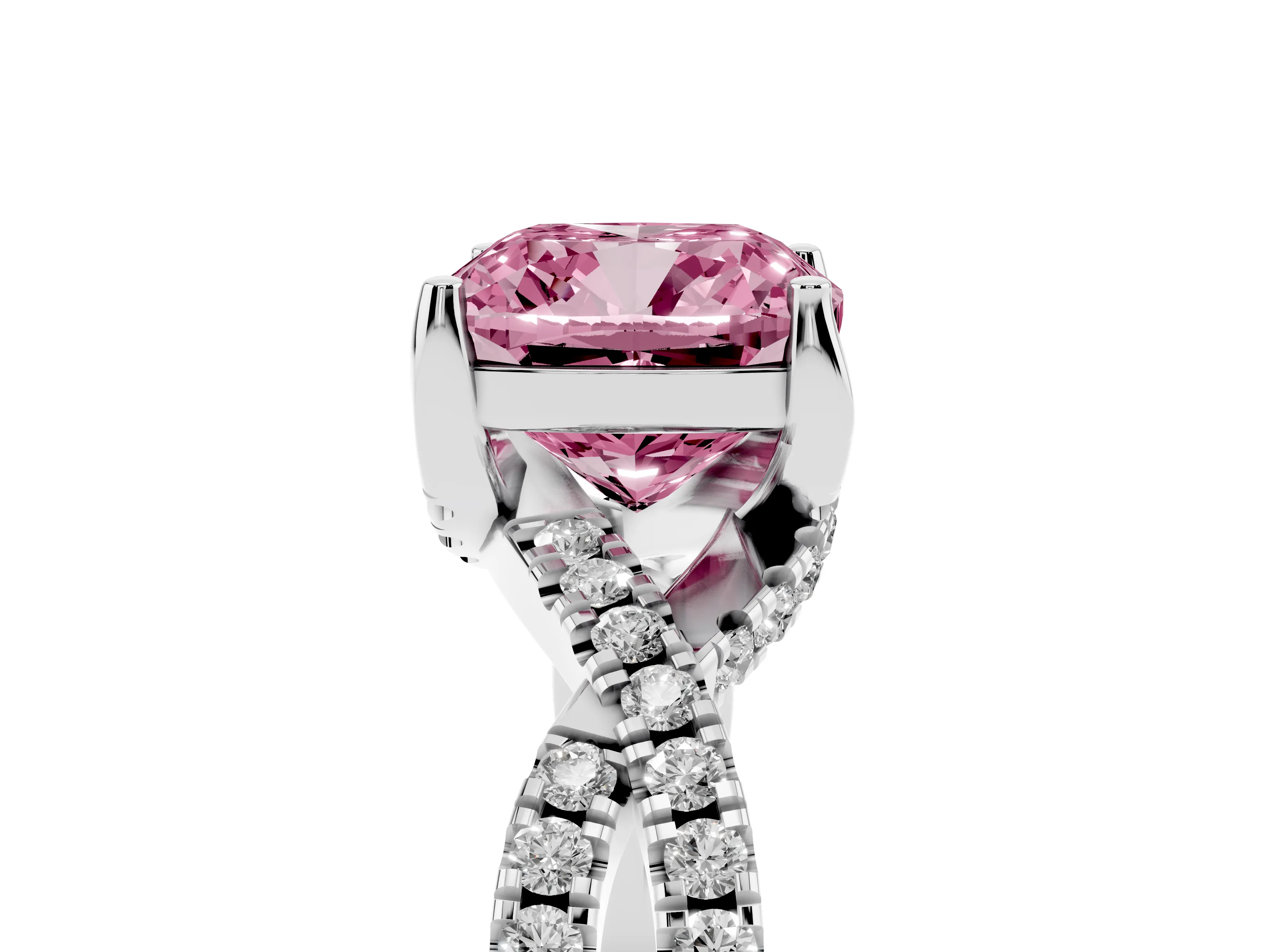 Fancy Pink Cushion Cut Diamond Twist Pavé Solitaire Engagement Ring Set in White gold with Prong Setting