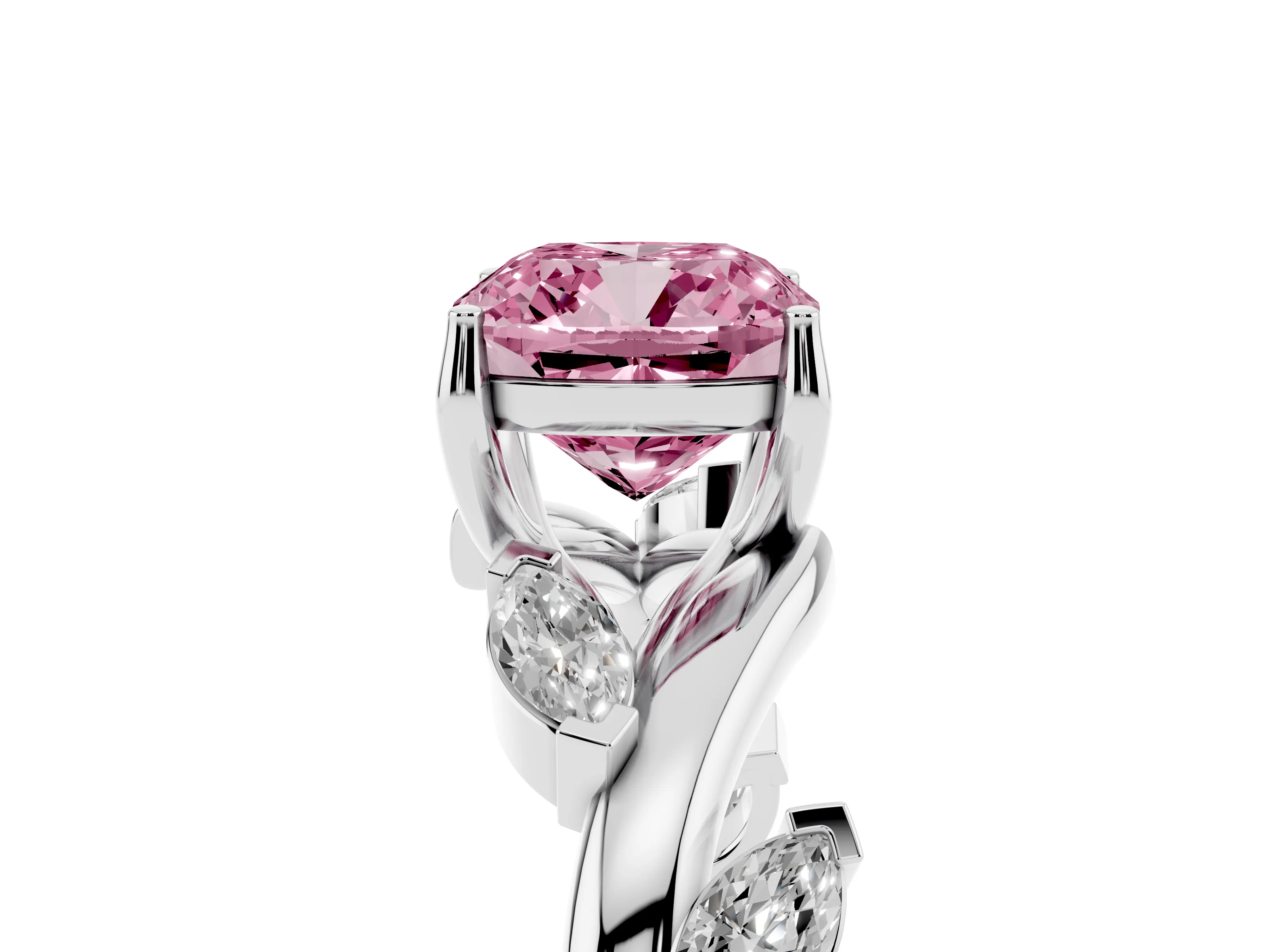 Fancy Pink Cushion Cut Diamond Solitaire Ring Set in Platinum with Twisted Marquise Accent Band