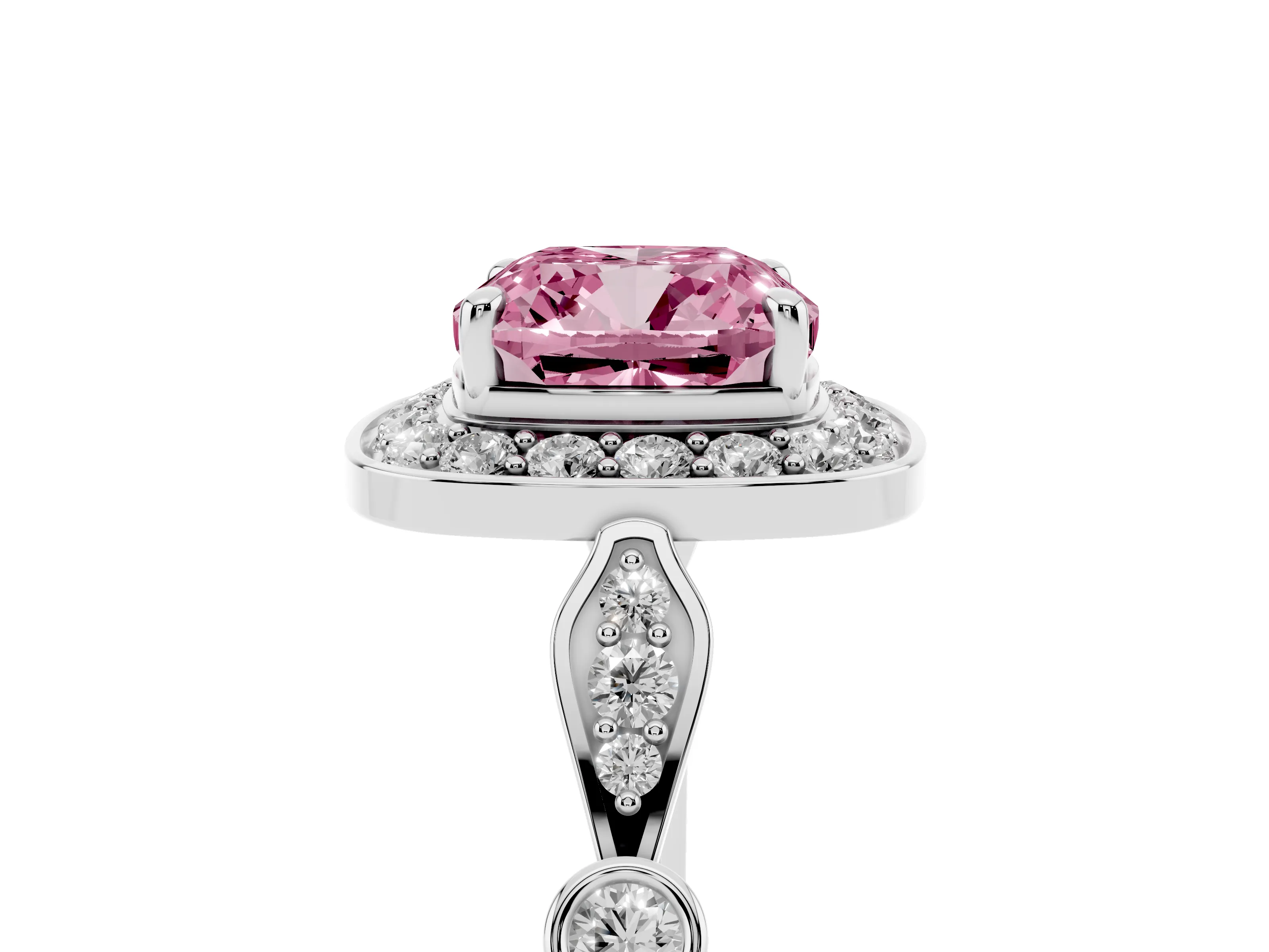 Fancy Pink Cushion Cut Diamond Halo Engagement Ring Set in Silver with Twisted Band and Prong Setting