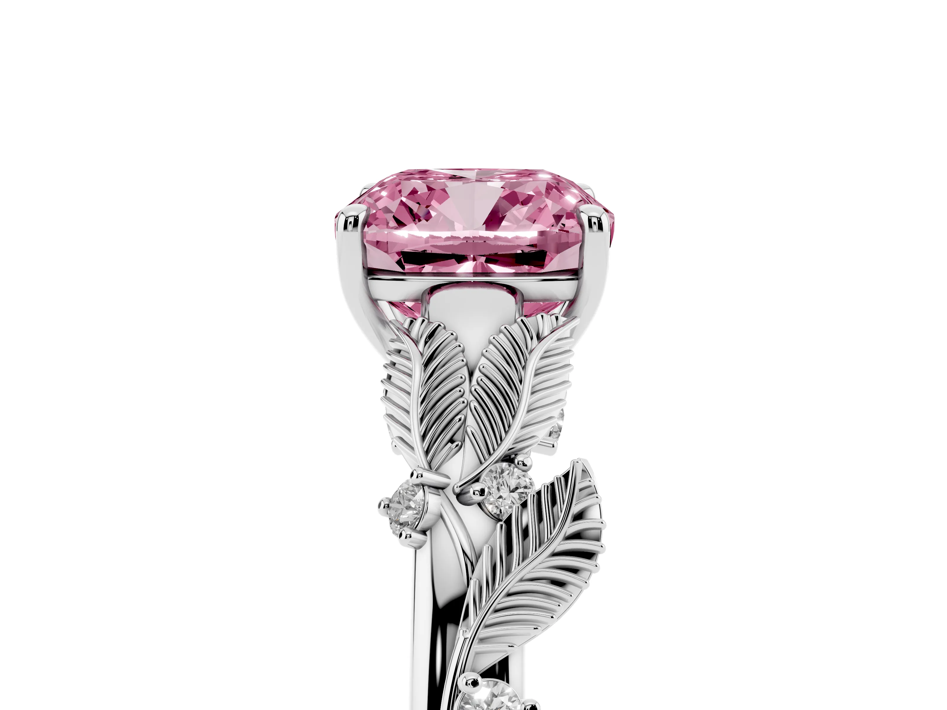 Fancy Pink Cushion Cut Diamond Solitaire Ring Set in Silver with Leaf Motif Band
