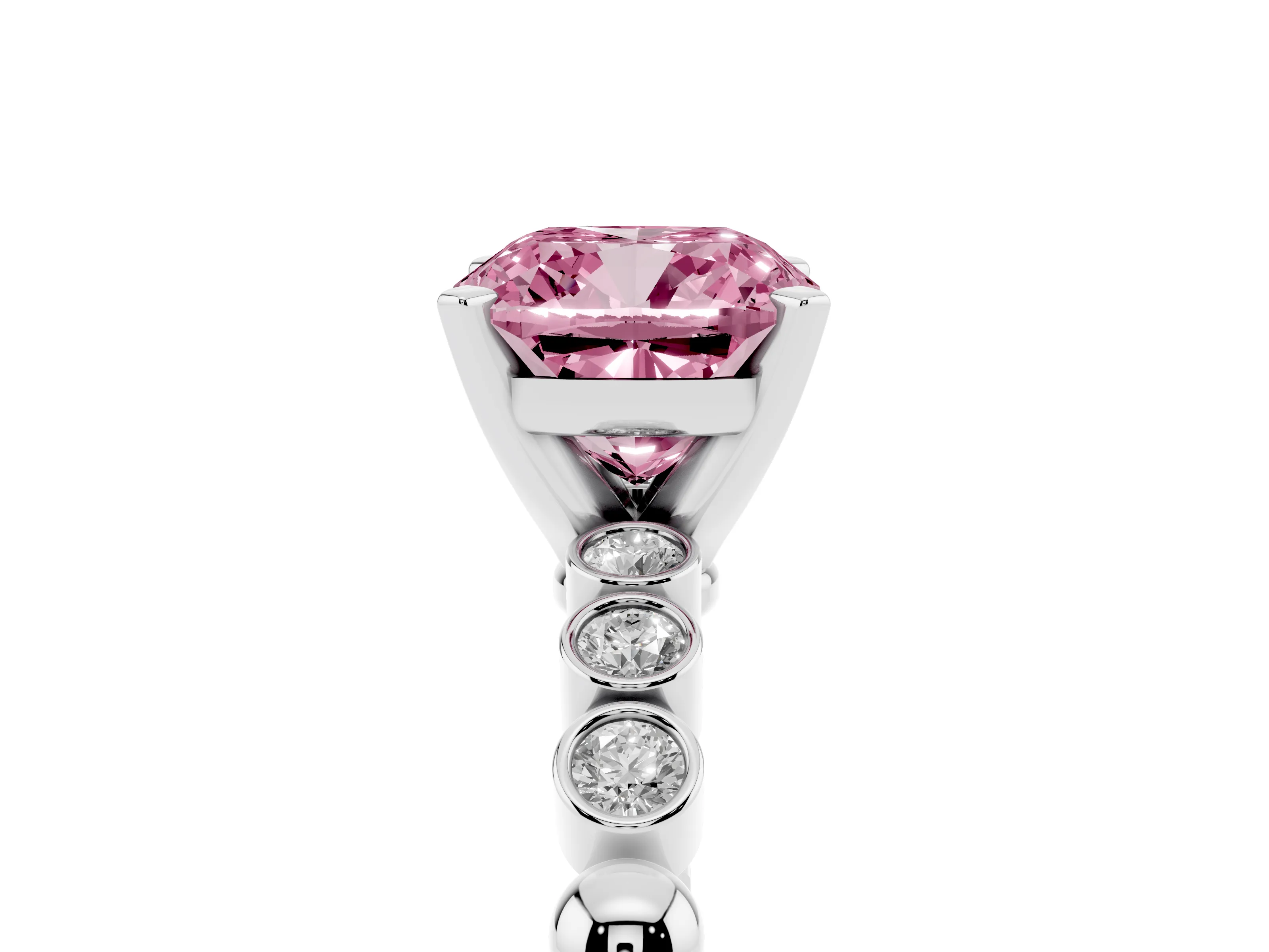 Fancy Pink Cushion Cut Diamond Solitaire Engagement Ring Set in White gold with Bezel Accents on Beaded Band