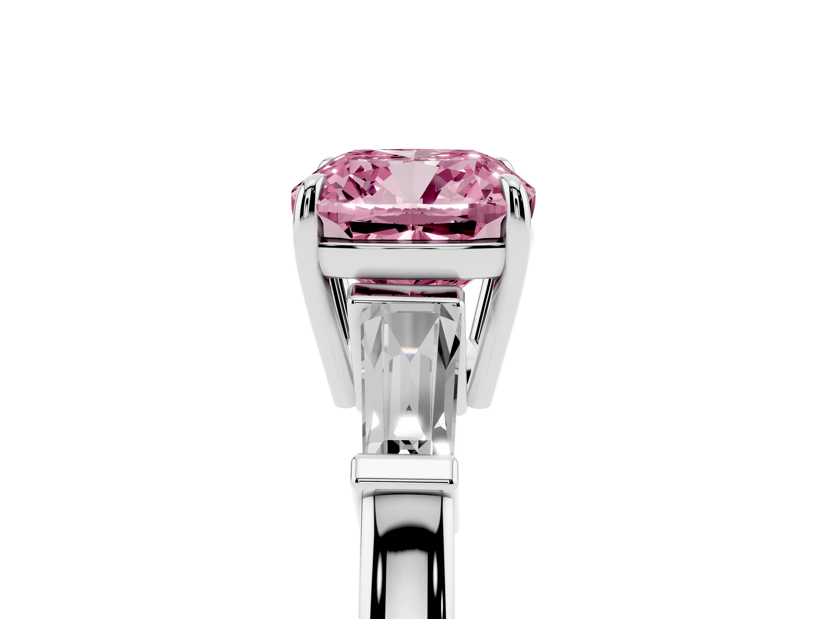 Fancy Pink Cushion Cut Diamond Three-Stone Ring Set in Platinum with Tapered Baguette Side Stones and Prong Setting