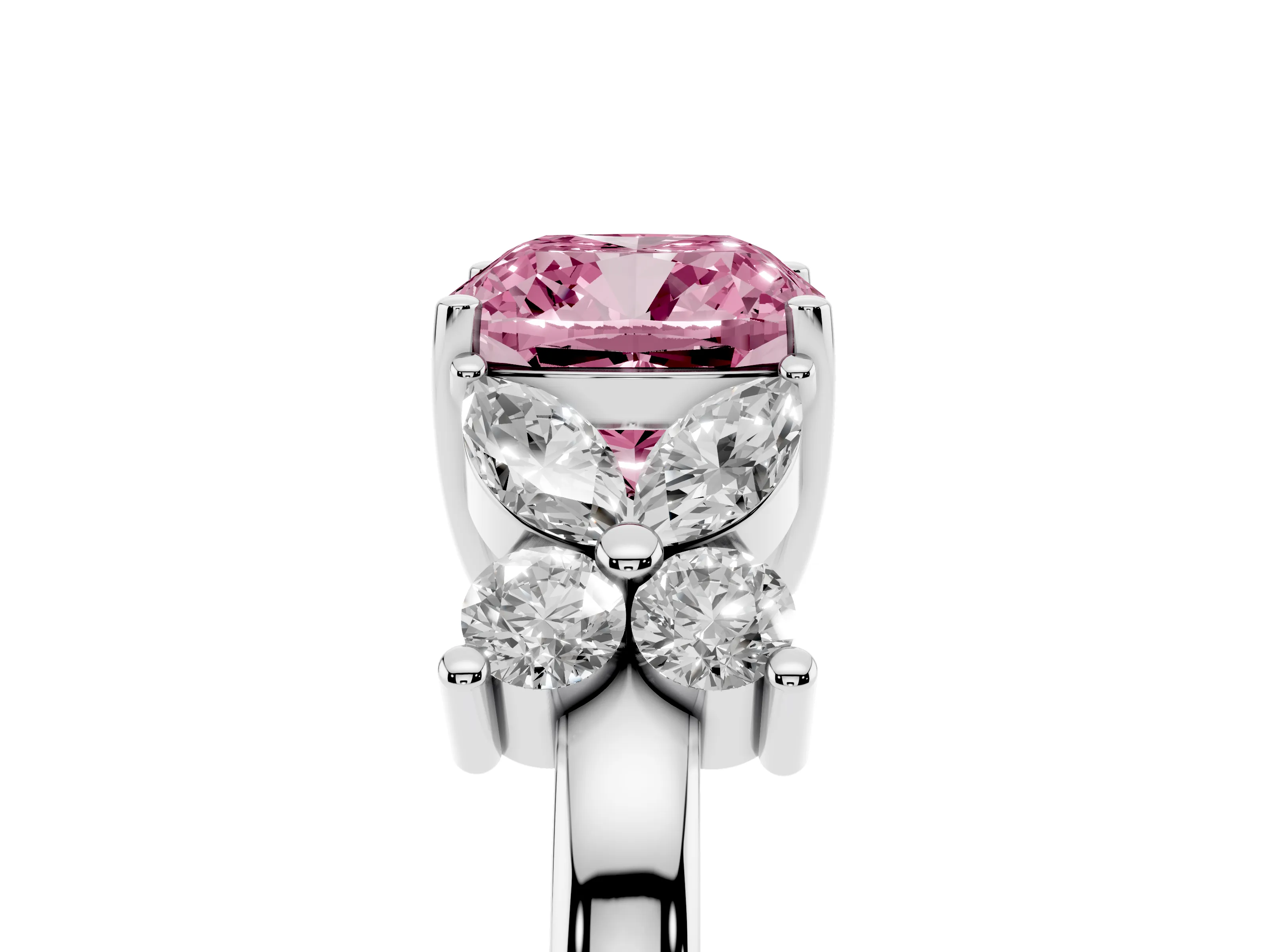 Fancy Pink Cushion Cut Diamond Floral Cluster Ring Set in Silver with Marquise Petals and Prong Setting