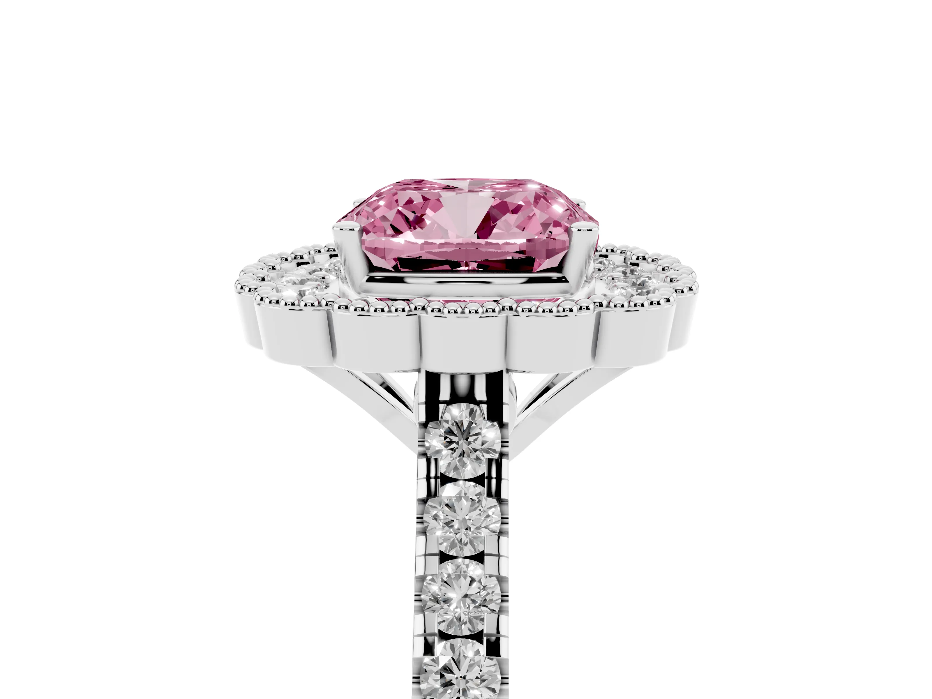 Fancy Pink Cushion Cut Diamond Milgrain Floral Halo Engagement Ring Set in White gold with Pavé Band