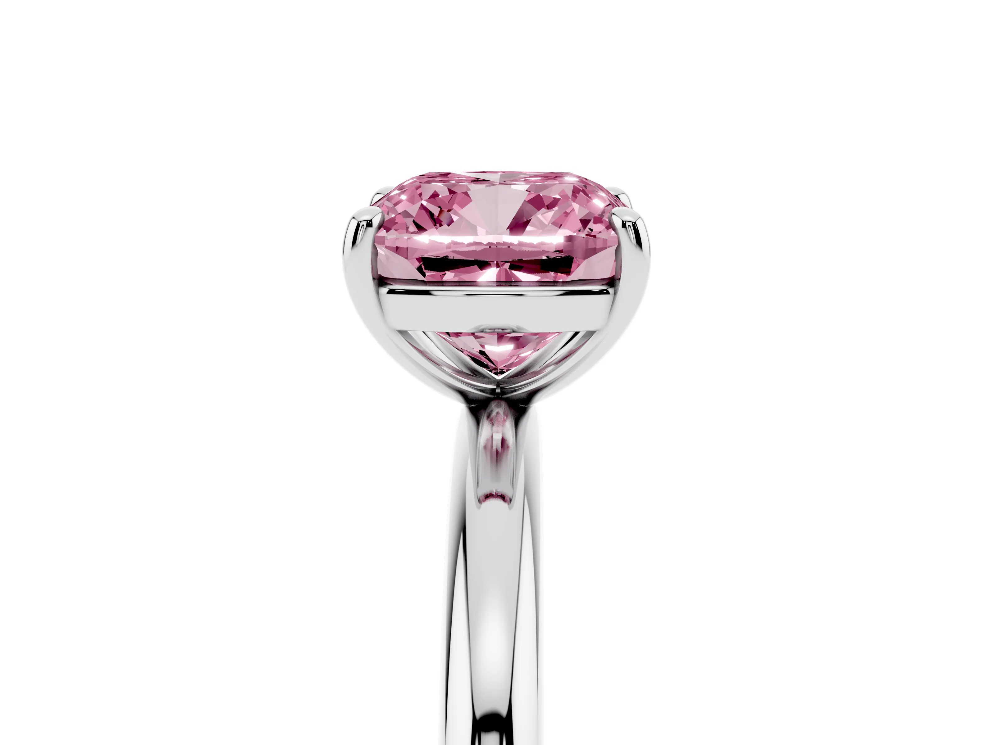 Fancy Pink Cushion Cut Diamond Solitaire Ring Set in Silver with Prong Setting on a Polished Plain Band