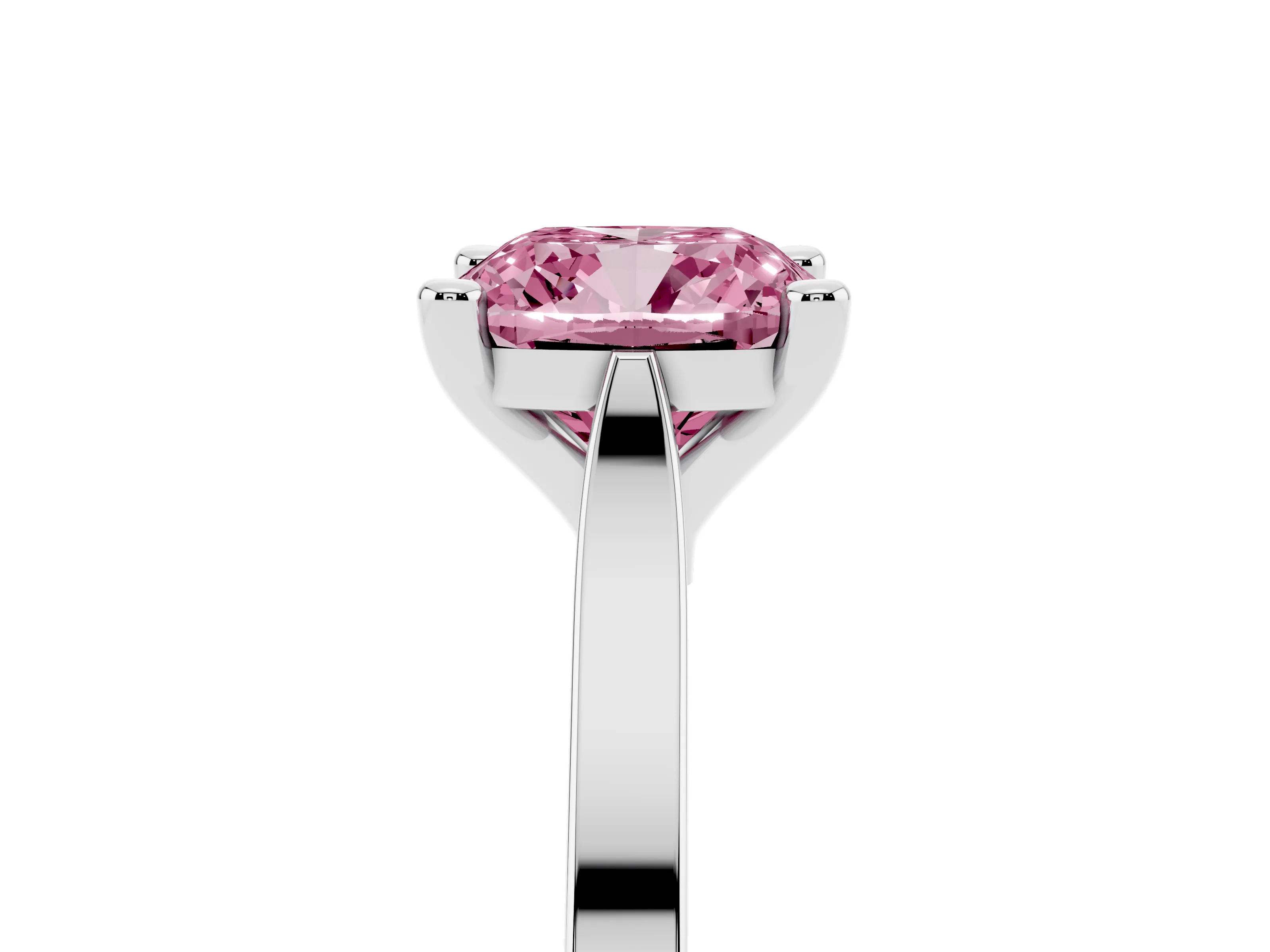 Fancy Pink Cushion Cut Diamond Solitaire Ring Set in Platinum with Prong Setting and Tapered Band