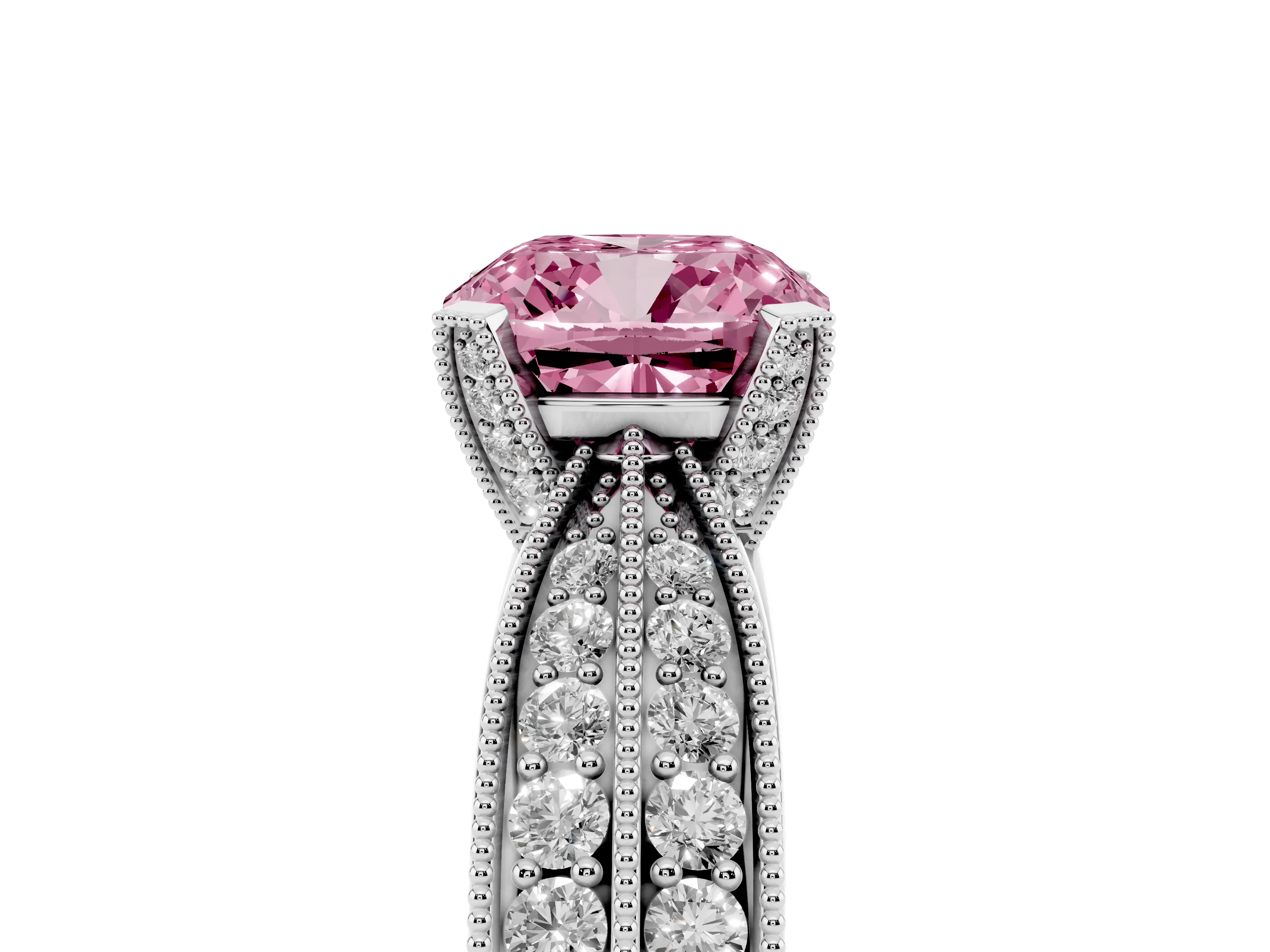 Fancy Pink Cushion Cut Diamond Solitaire Ring Set in Platinum with Milgrain Double Row Round Pavé Band