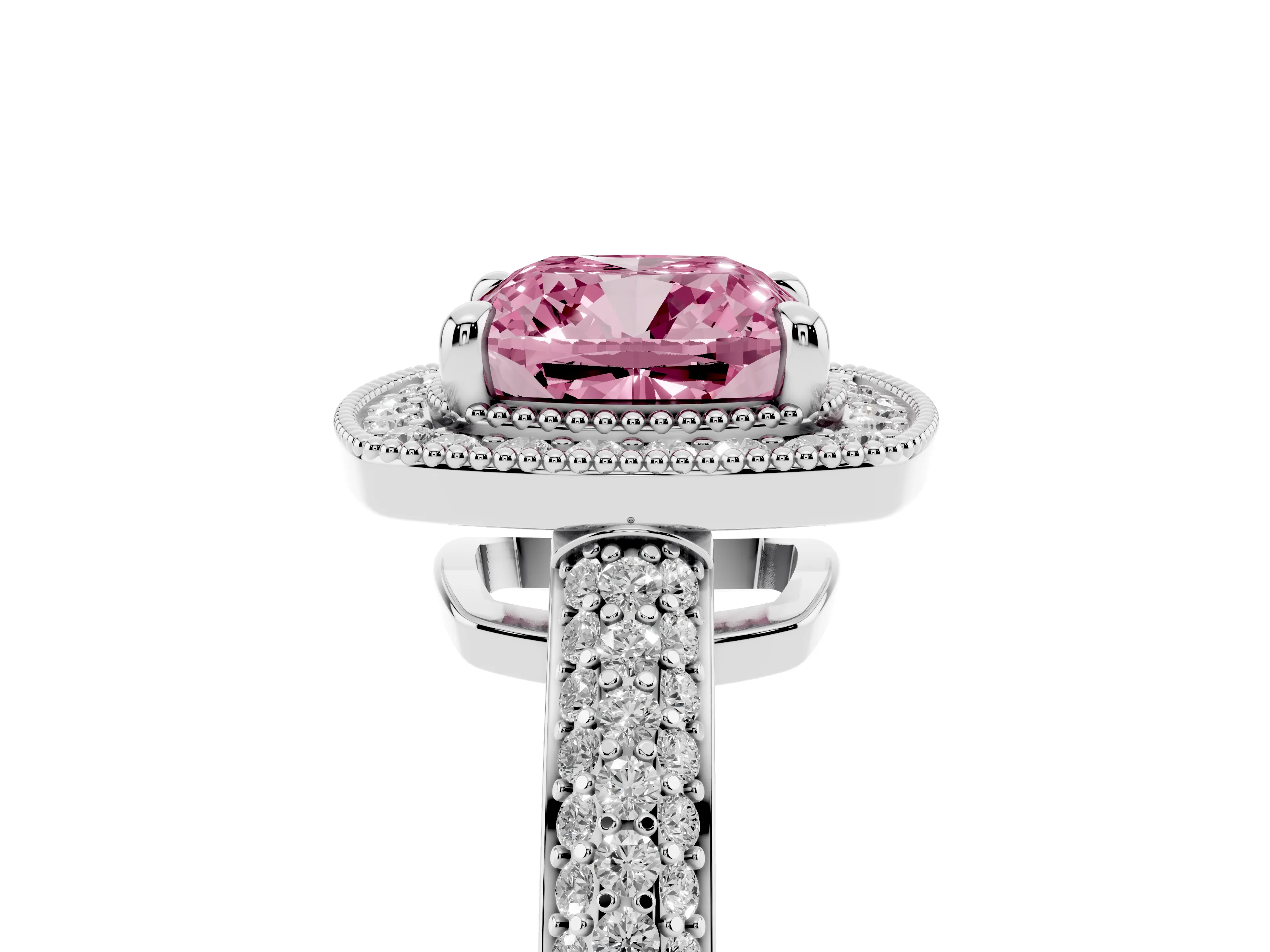 Fancy Pink Cushion Cut Diamond Halo Pavé Band Set in Platinum with Prong Setting
