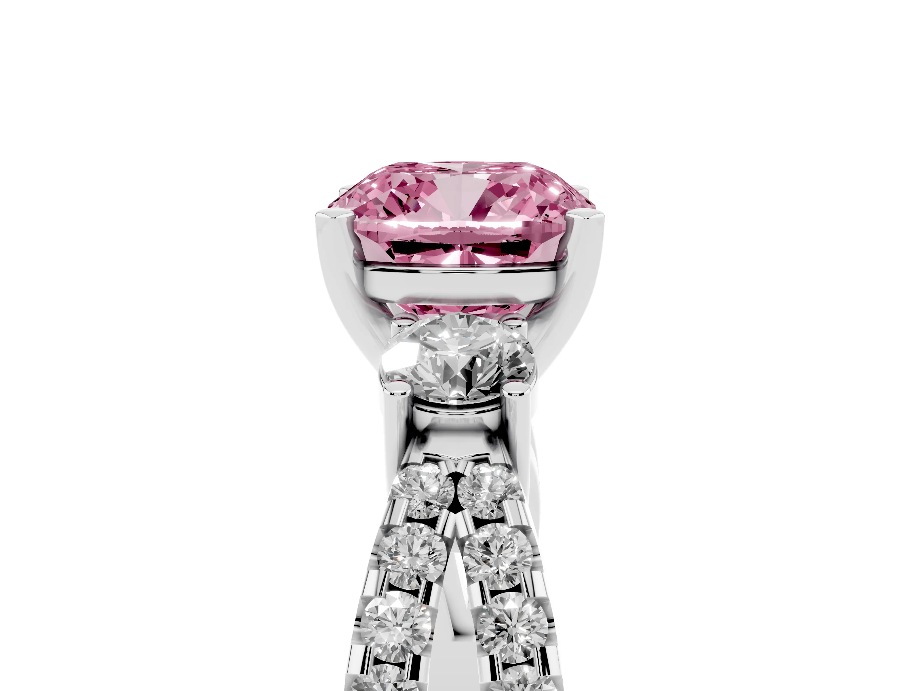 Fancy Pink Cushion Cut Diamond Three-Stone Ring Set in Silver with Pavé Split Shank and Prong Setting