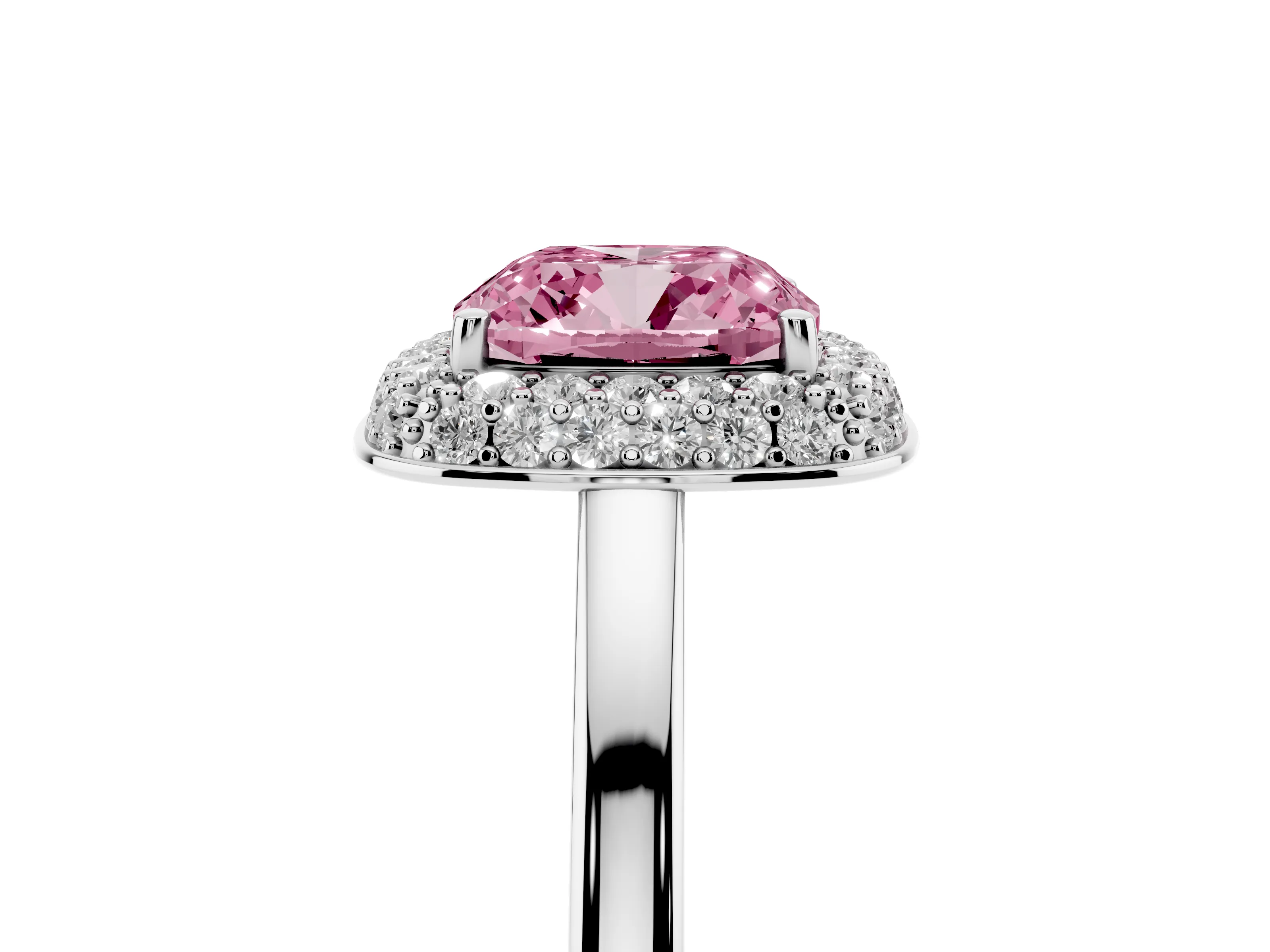 Fancy Pink Cushion Cut Diamond Halo Engagement Ring Set in Platinum with Solitaire Band and Prong Setting