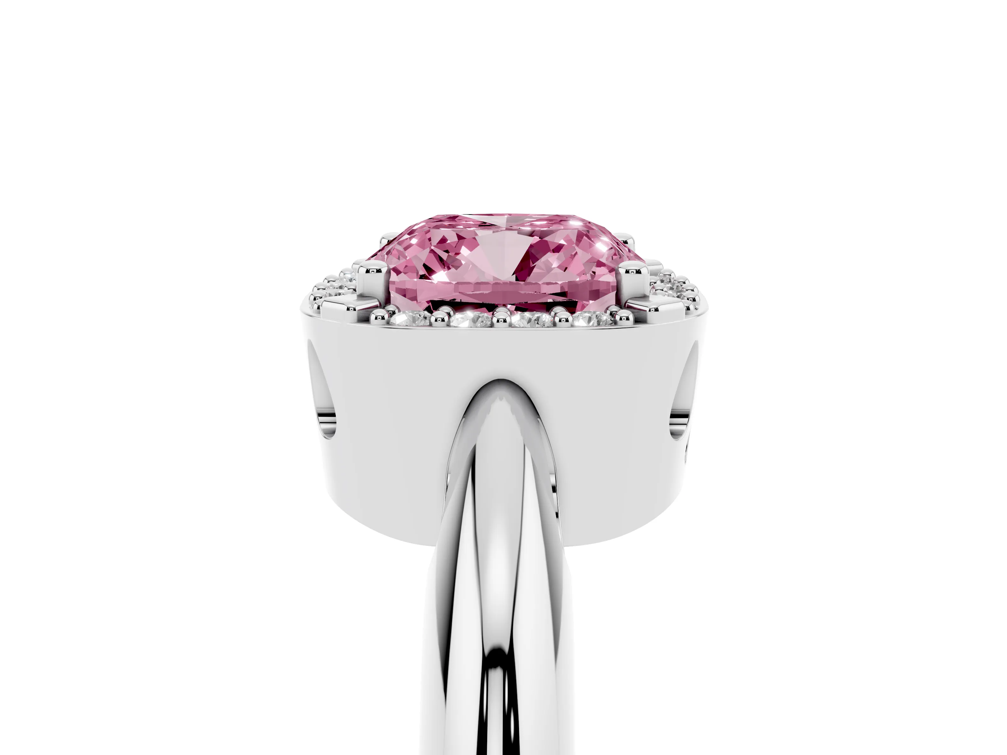 Fancy Pink Cushion Cut Diamond Halo Engagement Ring Set in White gold with Plain Split Shank and Prong Setting