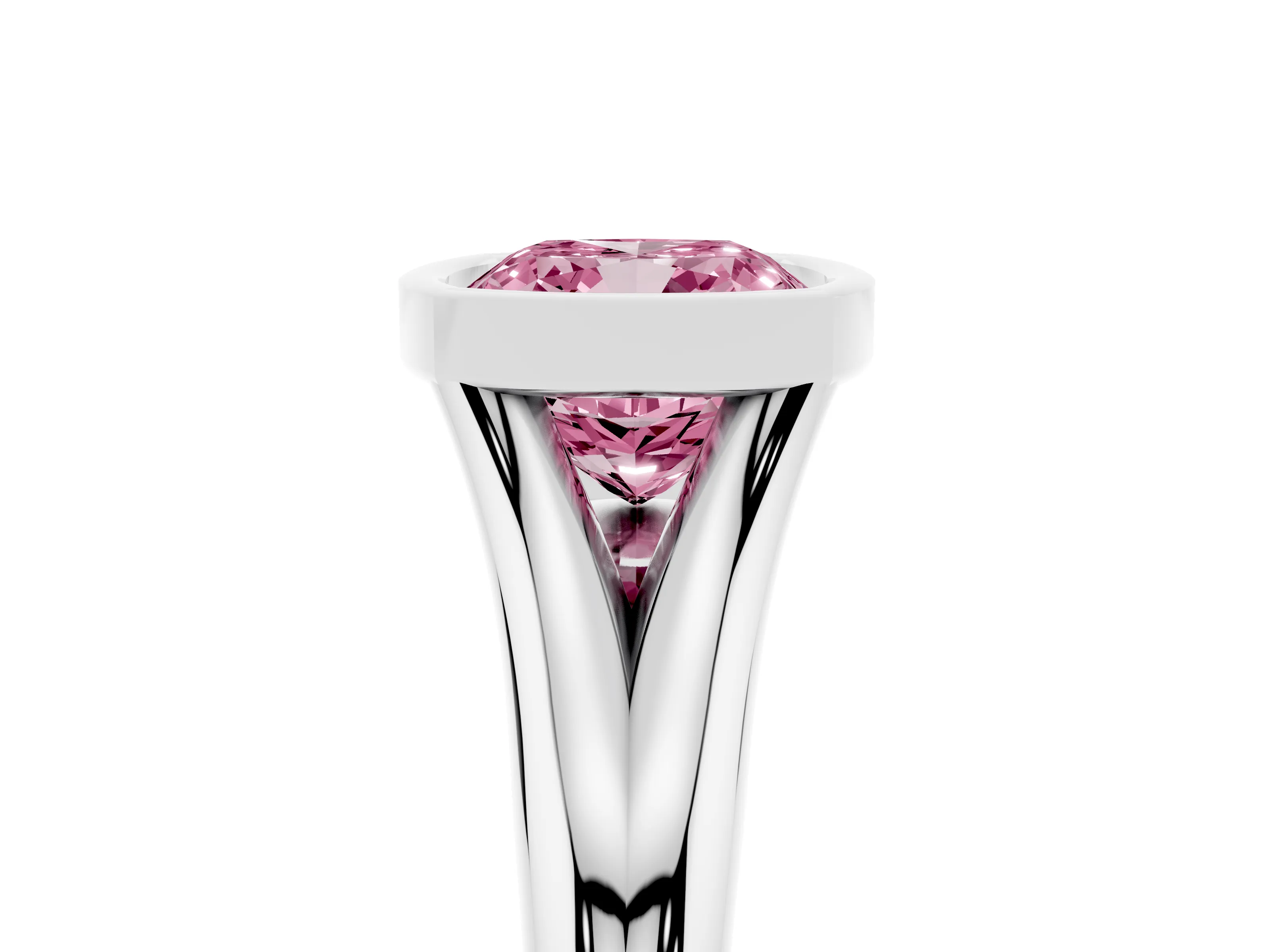 Fancy Pink Bezel Set Cushion Cut Diamond Solitaire Ring Set in Silver with Smooth Band