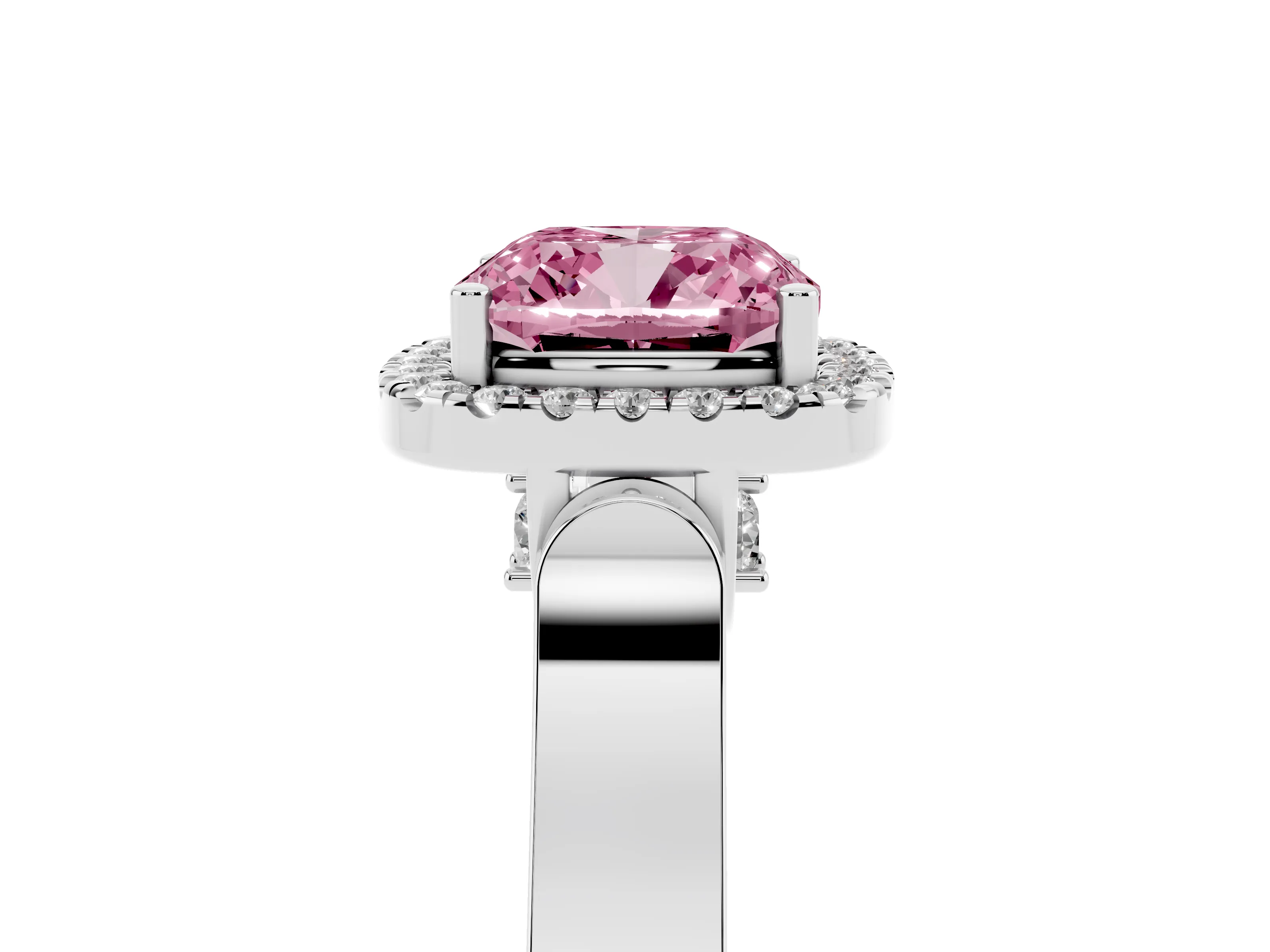 Fancy Pink Cushion Cut Diamond Halo Ring Set in Platinum with Pavé-Lined Split Shank Band