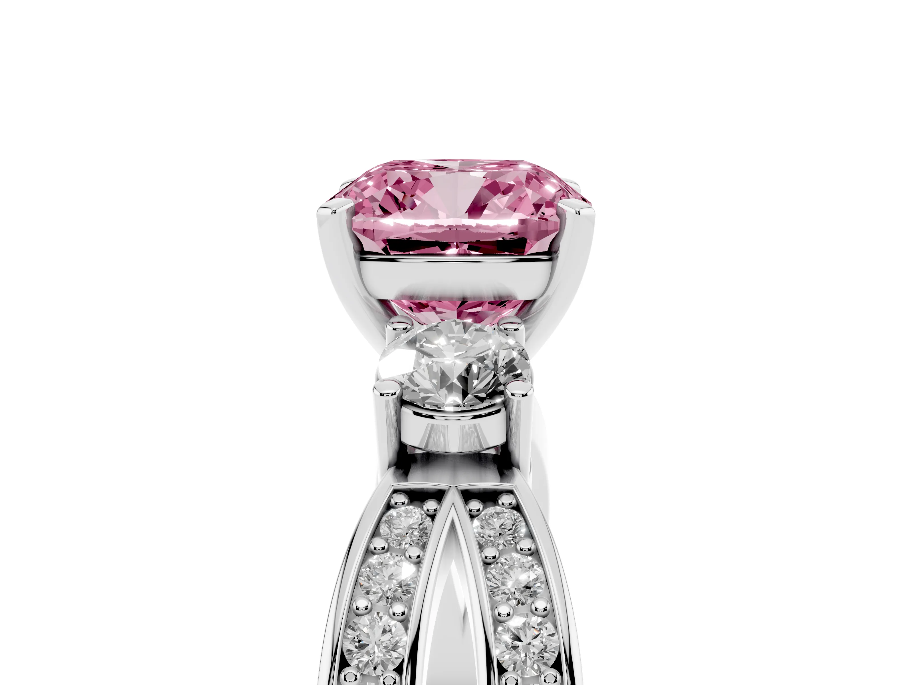 Fancy Pink Three-Stone Cushion Cut Diamond Twist Band Ring Set in White gold with Pavé Accents and Prong Setting