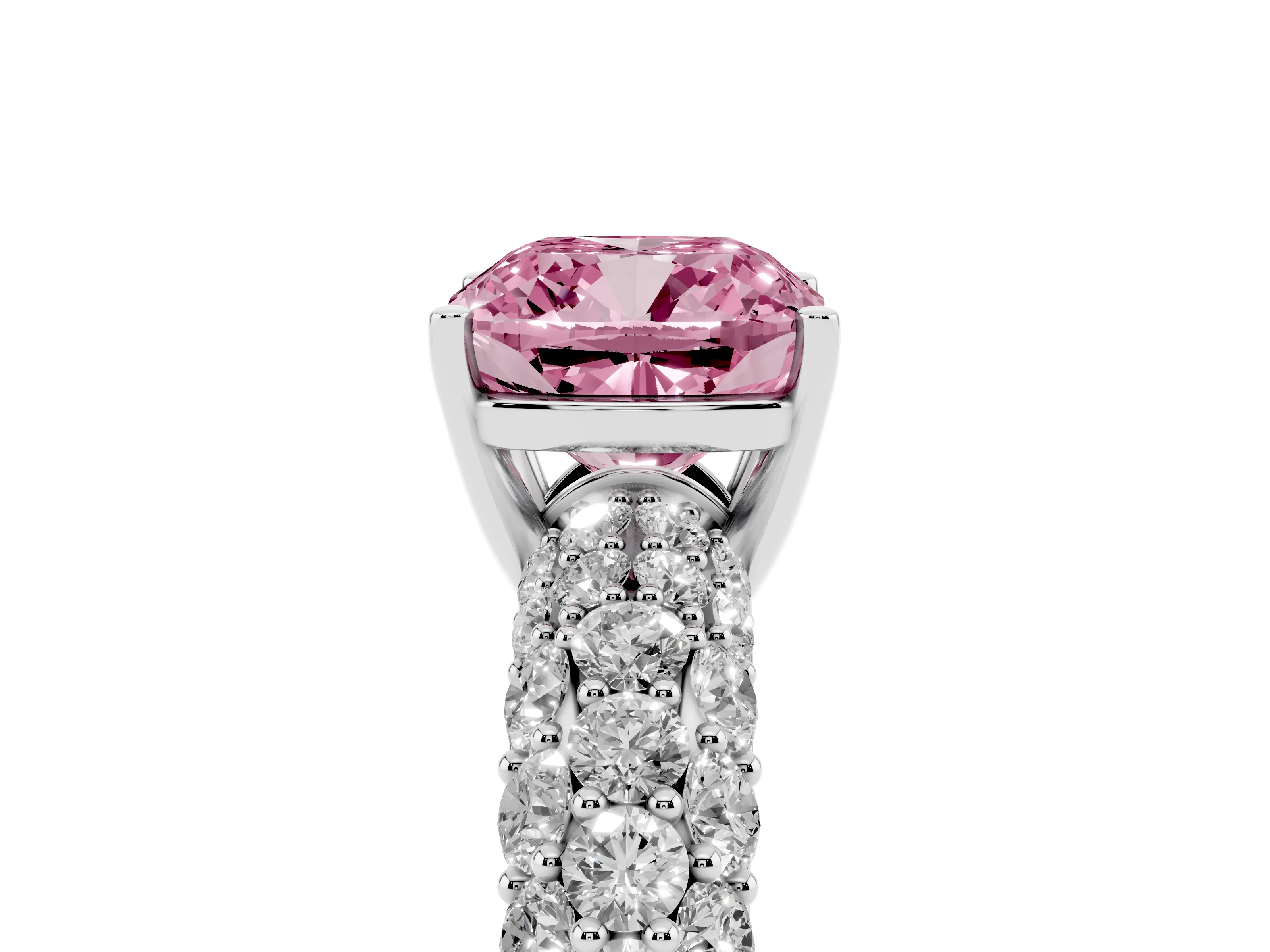 Fancy Pink Cushion Cut Diamond Pavé Band Solitaire Ring Set in White gold with Close-Set Accent Stones and Prong Setting