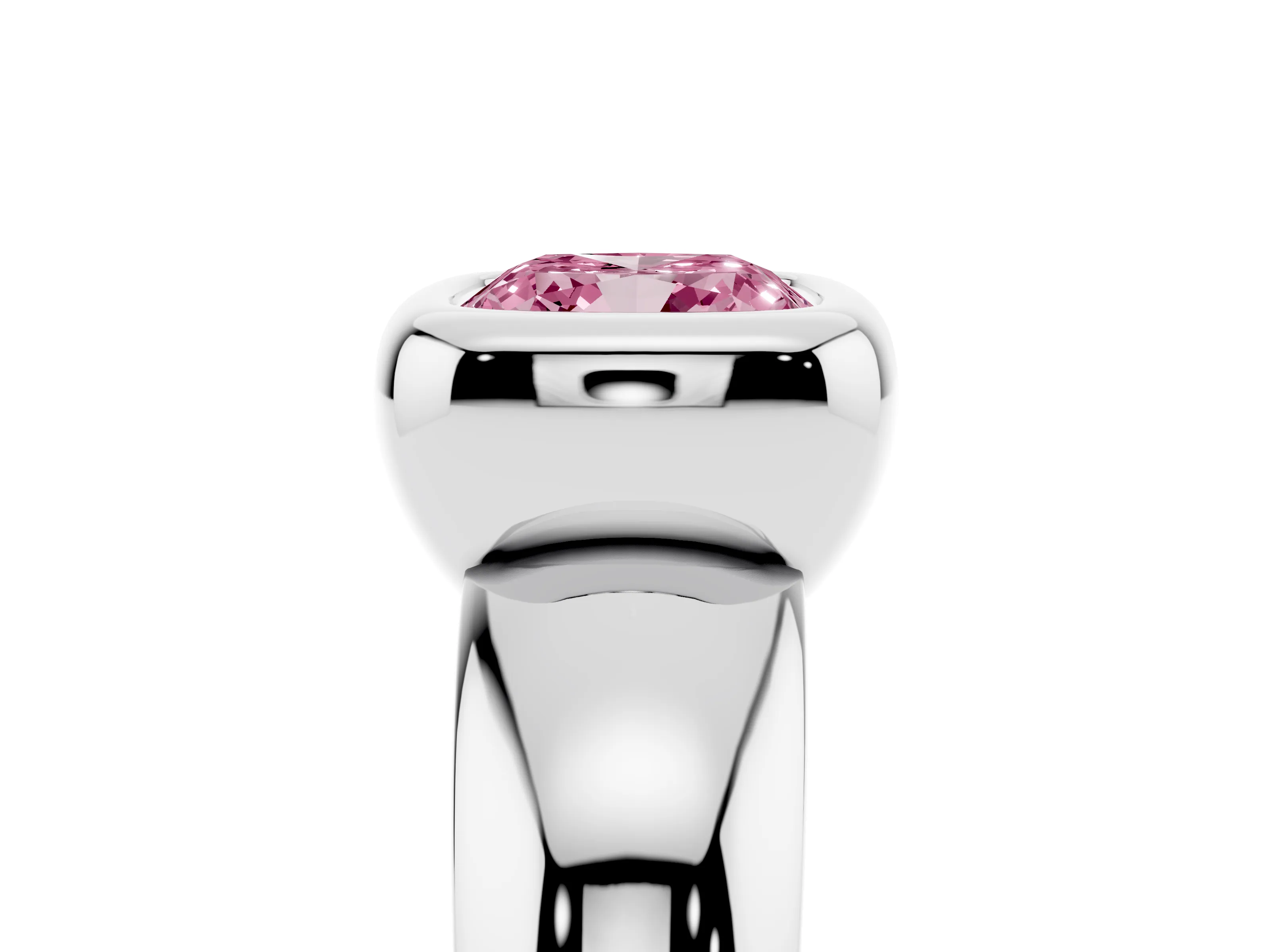 Fancy Pink Bezel Set Cushion Cut Diamond Solitaire Ring Set in Silver with Wide Band