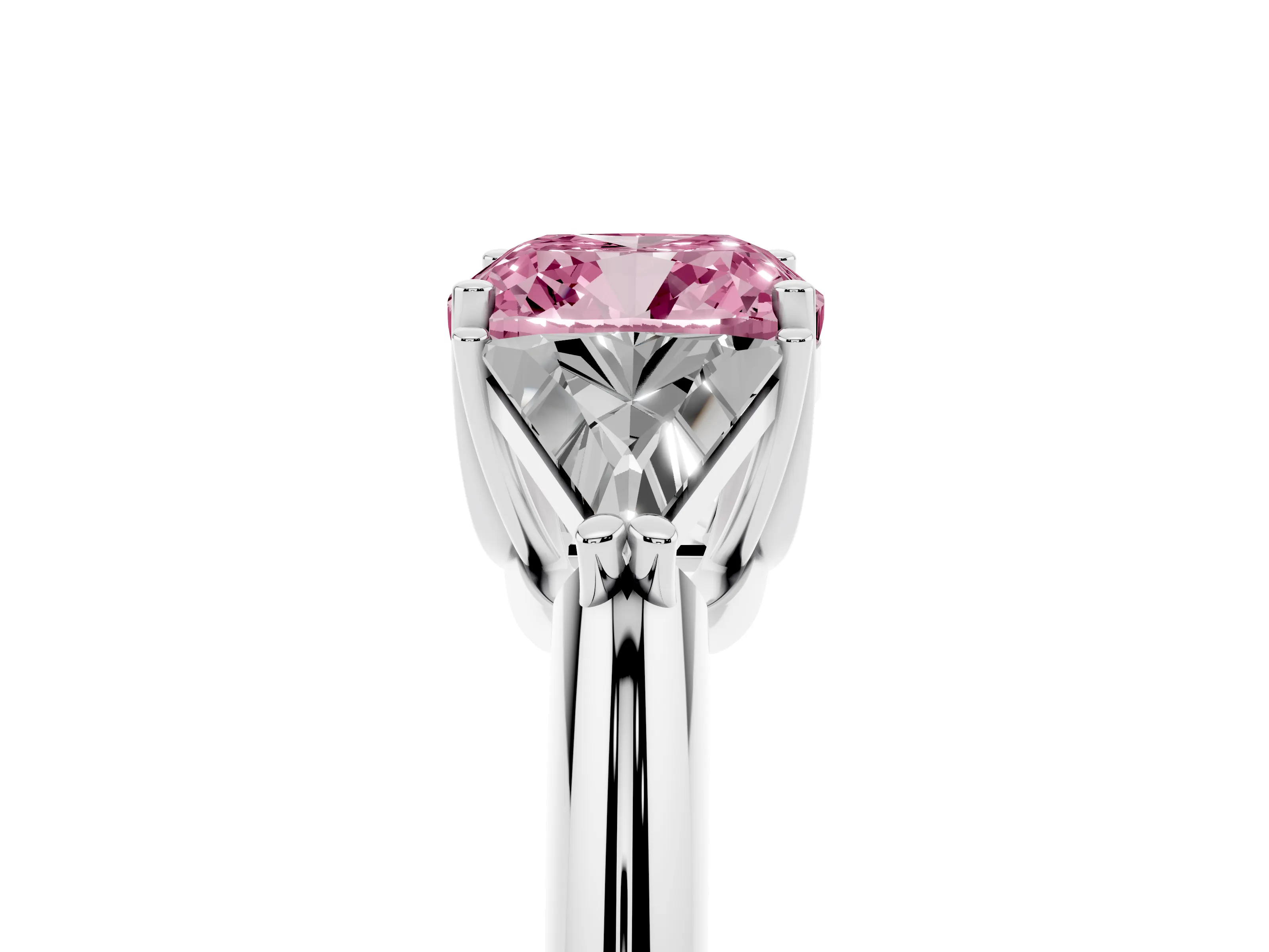 Fancy Pink Cushion Cut Diamond Three-Stone Engagement Ring Set in White gold with Trillion Side Stones
