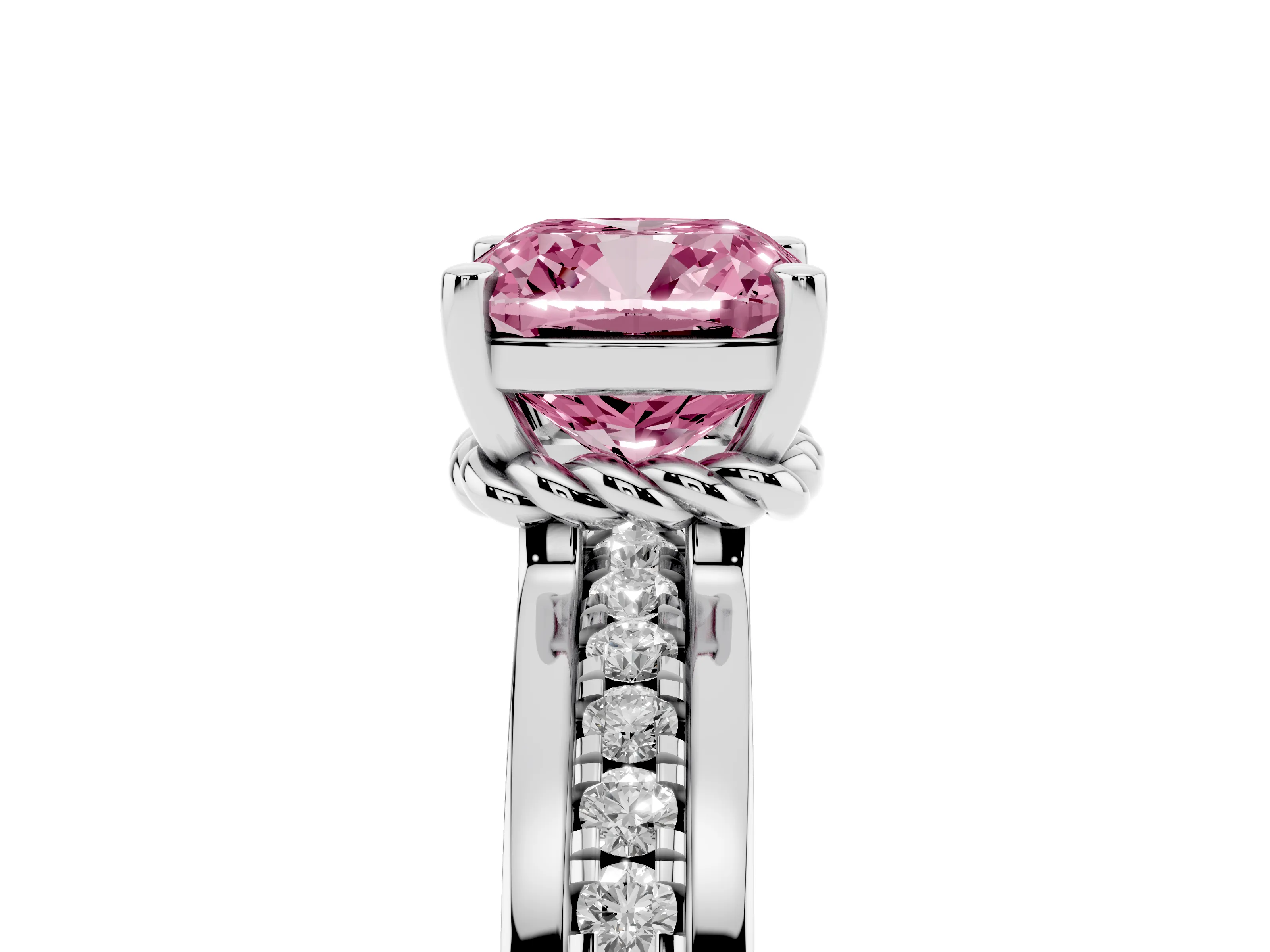 Fancy Pink Cushion Cut Diamond Solitaire Ring Set in Silver with Channel Set Band and Prong Setting